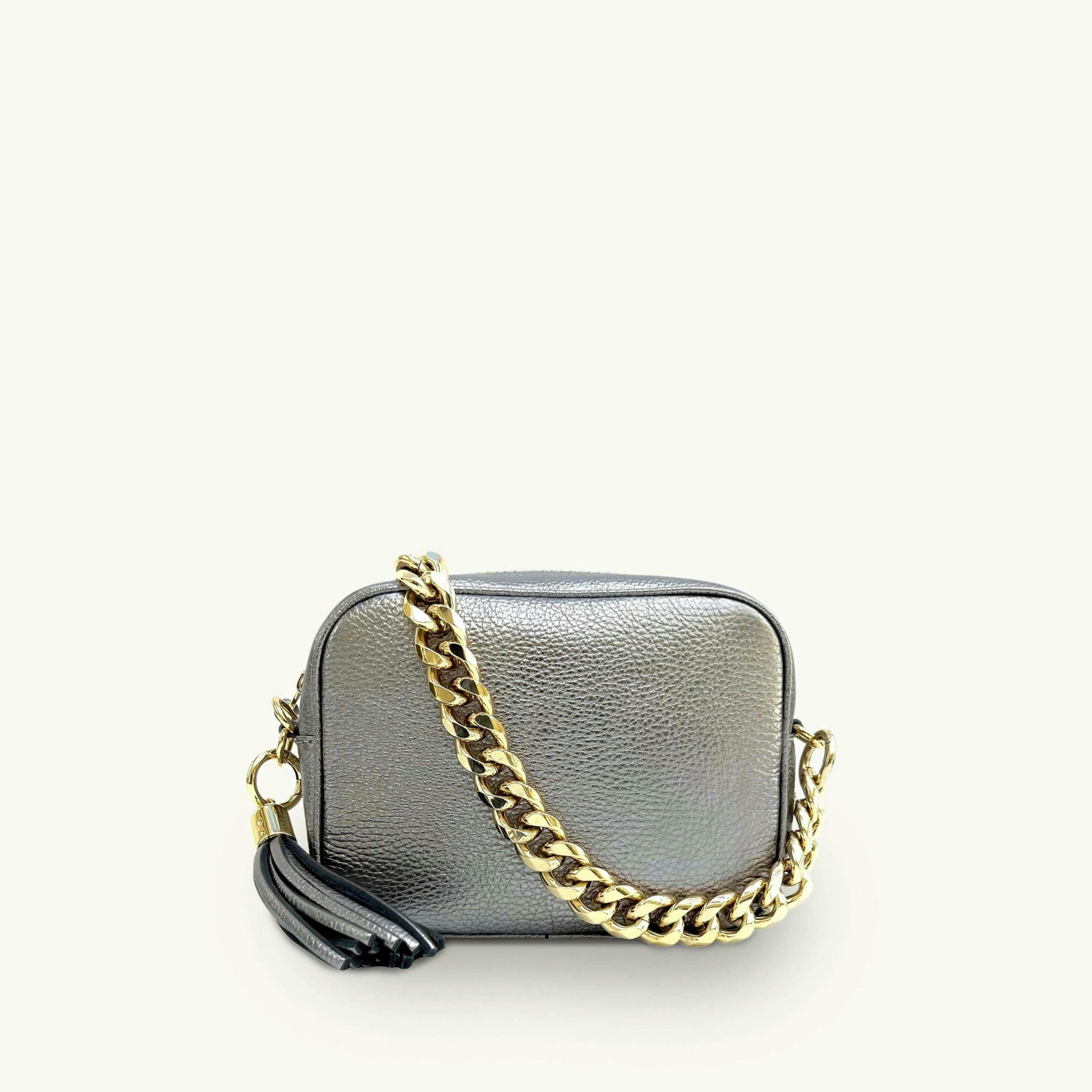 The Tassel Leather Crossbody Bag With Gold Chain Strap , view 1 of 6