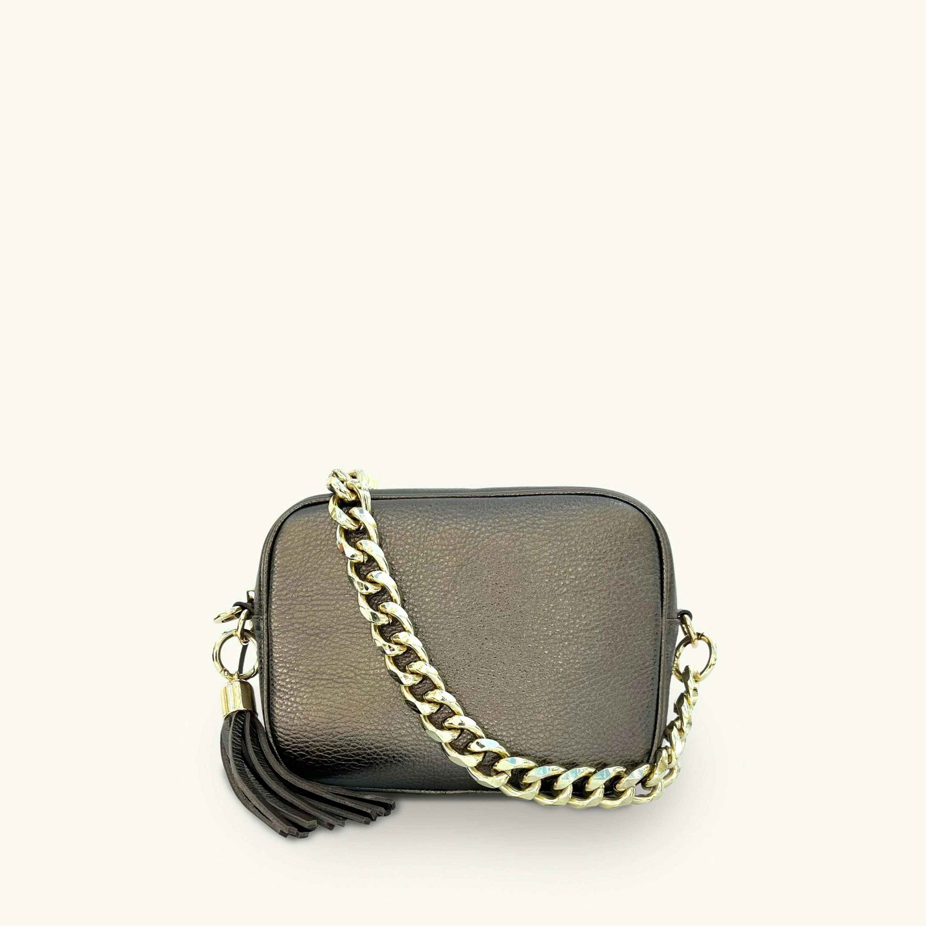 The Tassel Leather Crossbody Bag With Gold Chain Strap , view 1 of 6