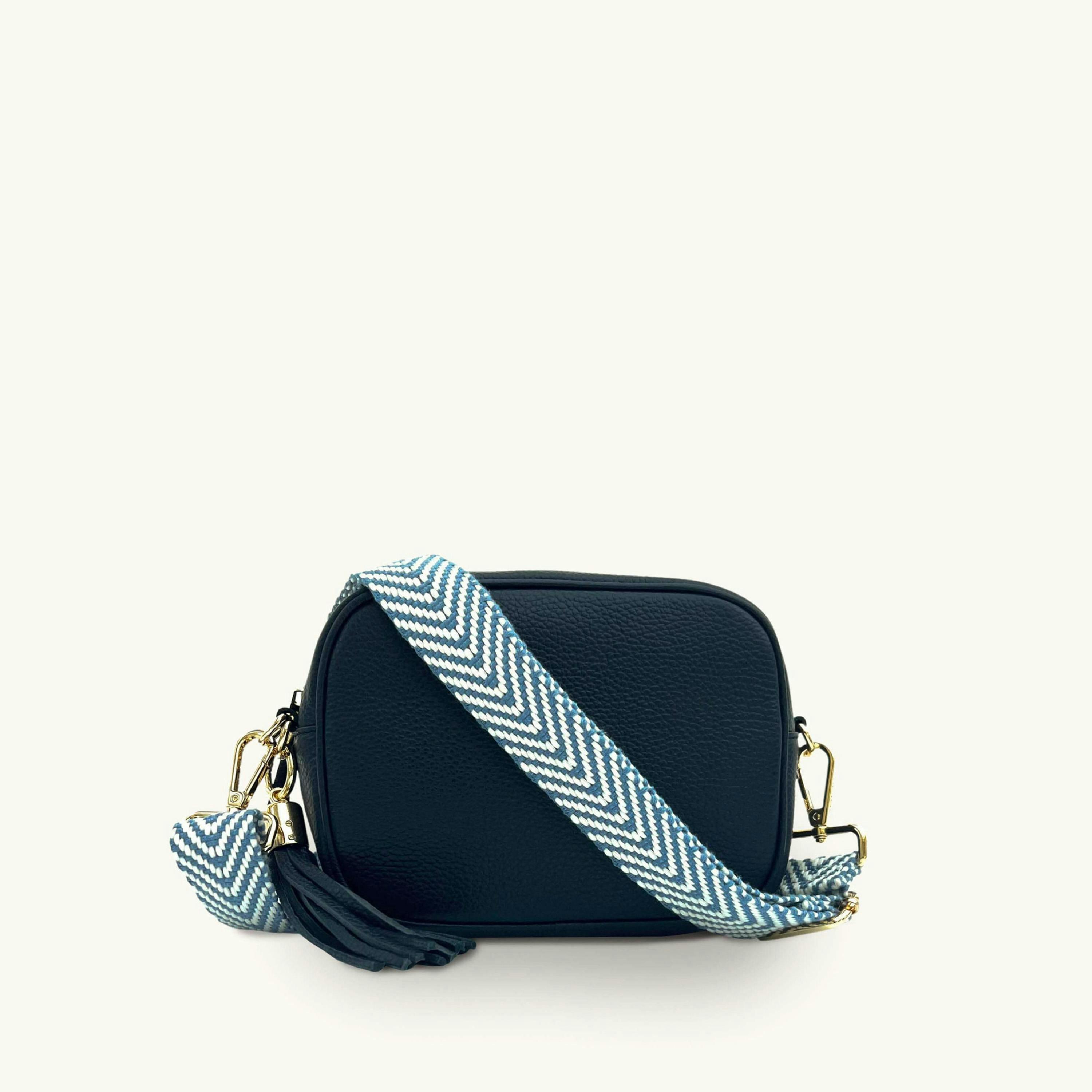 The Tassel Leather Crossbody Bag With Denim Blue Chevron Strap , view 1 of 6