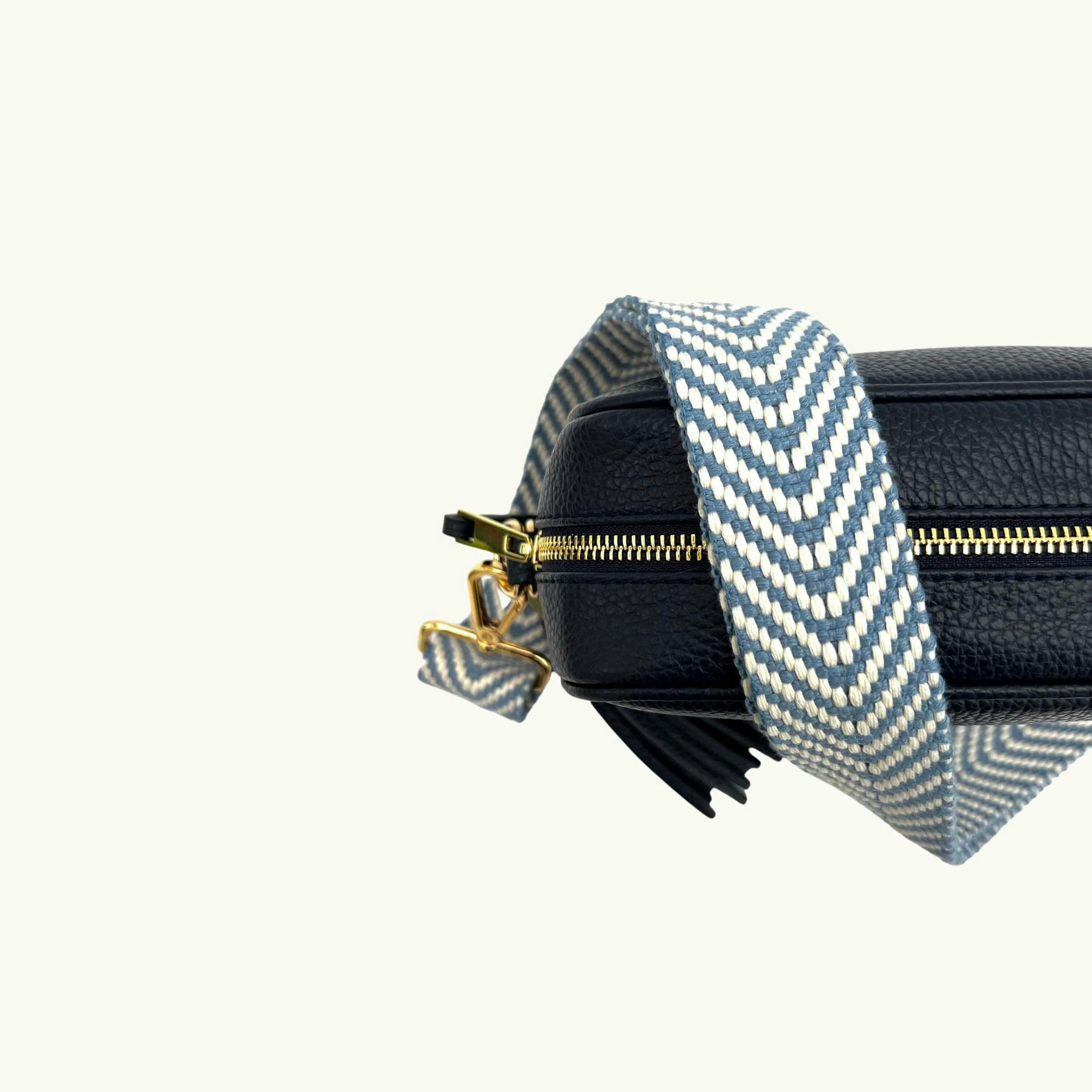 The Tassel Leather Crossbody Bag With Denim Blue Chevron Strap , view 3 of 6
