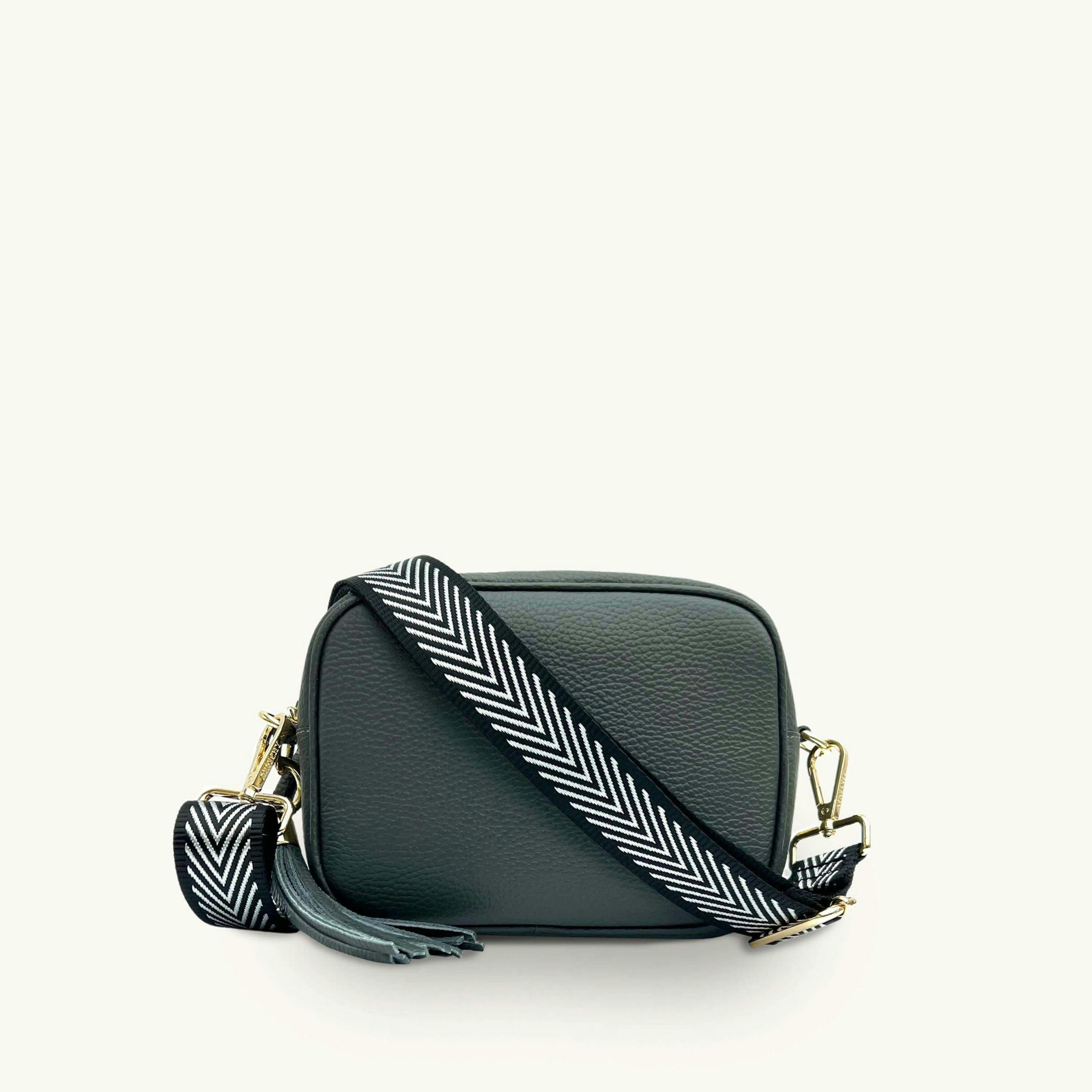The Tassel Leather Crossbody Bag With Black & Silver Chevron Strap , view 1 of 6