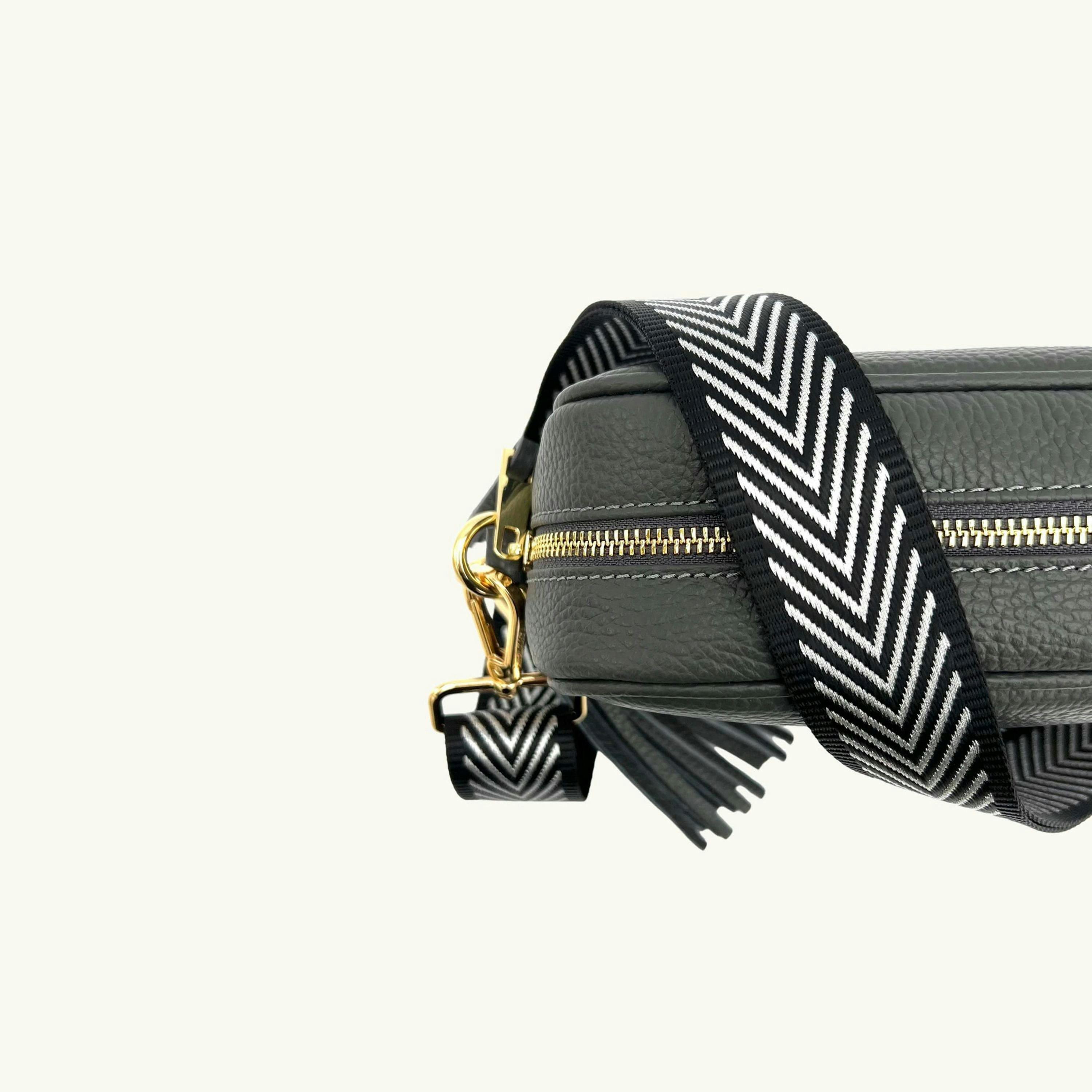 The Tassel Leather Crossbody Bag With Black & Silver Chevron Strap , view 3 of 6