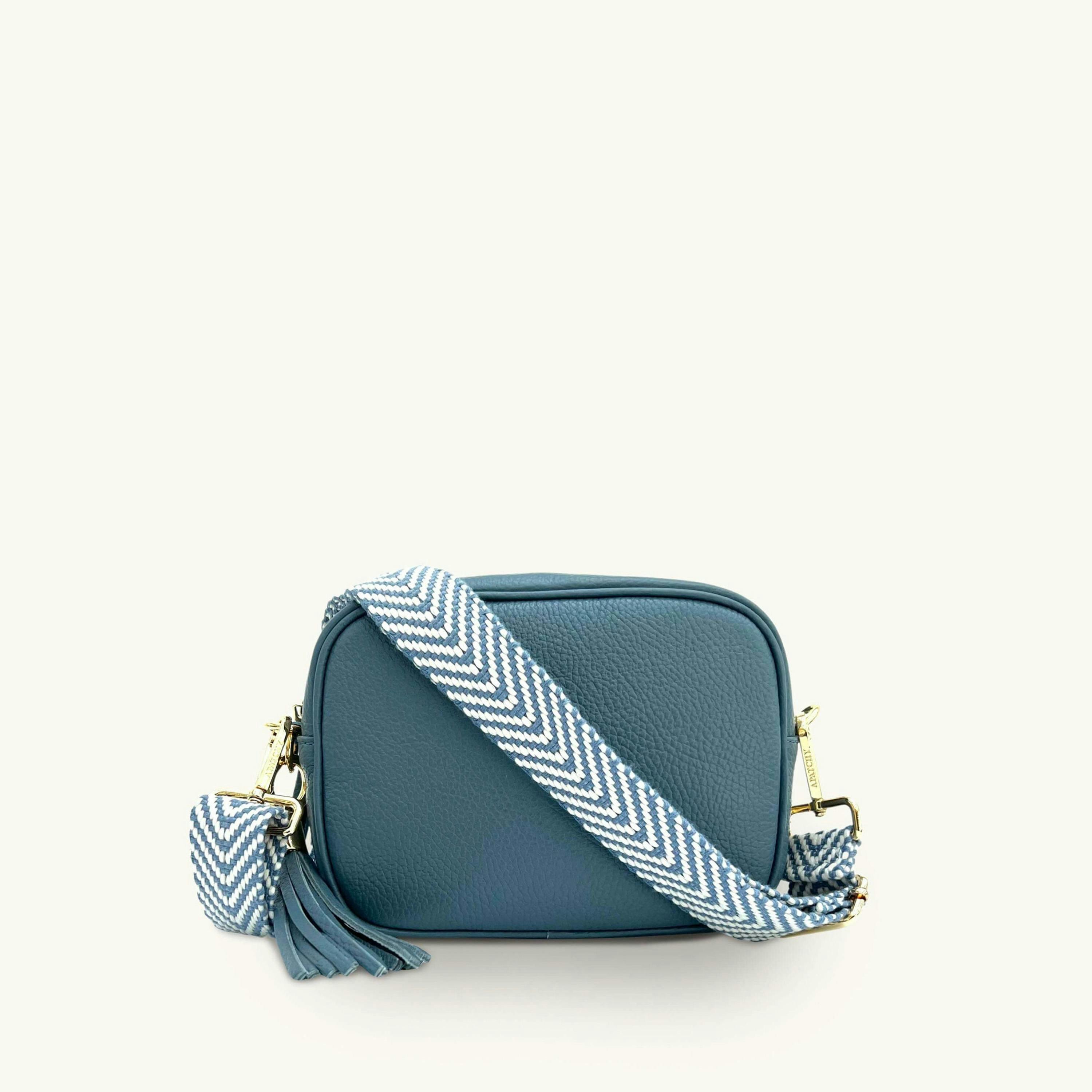 The Tassel Leather Crossbody Bag With Denim Blue Chevron Strap , view 1 of 6