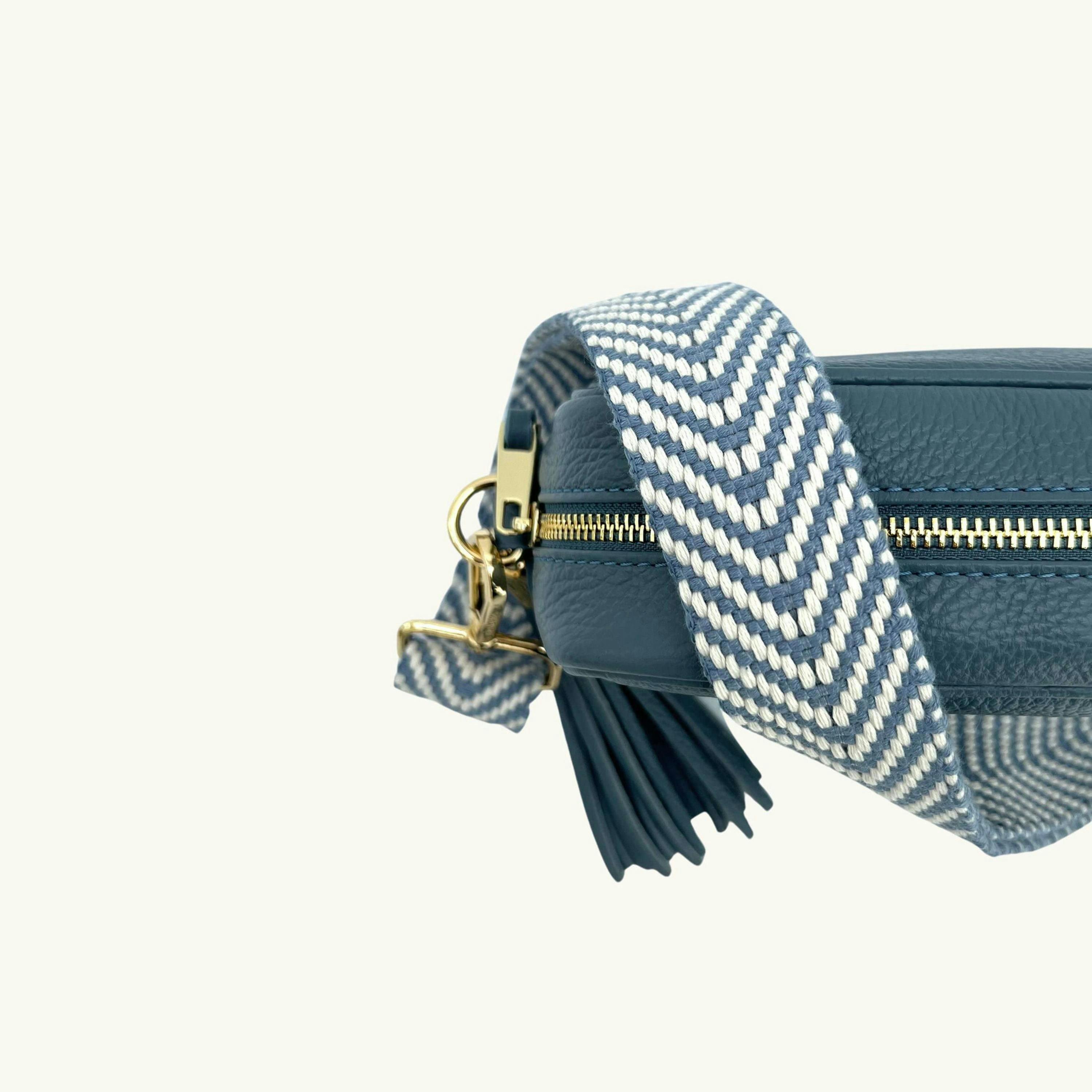 The Tassel Leather Crossbody Bag With Denim Blue Chevron Strap , view 3 of 6