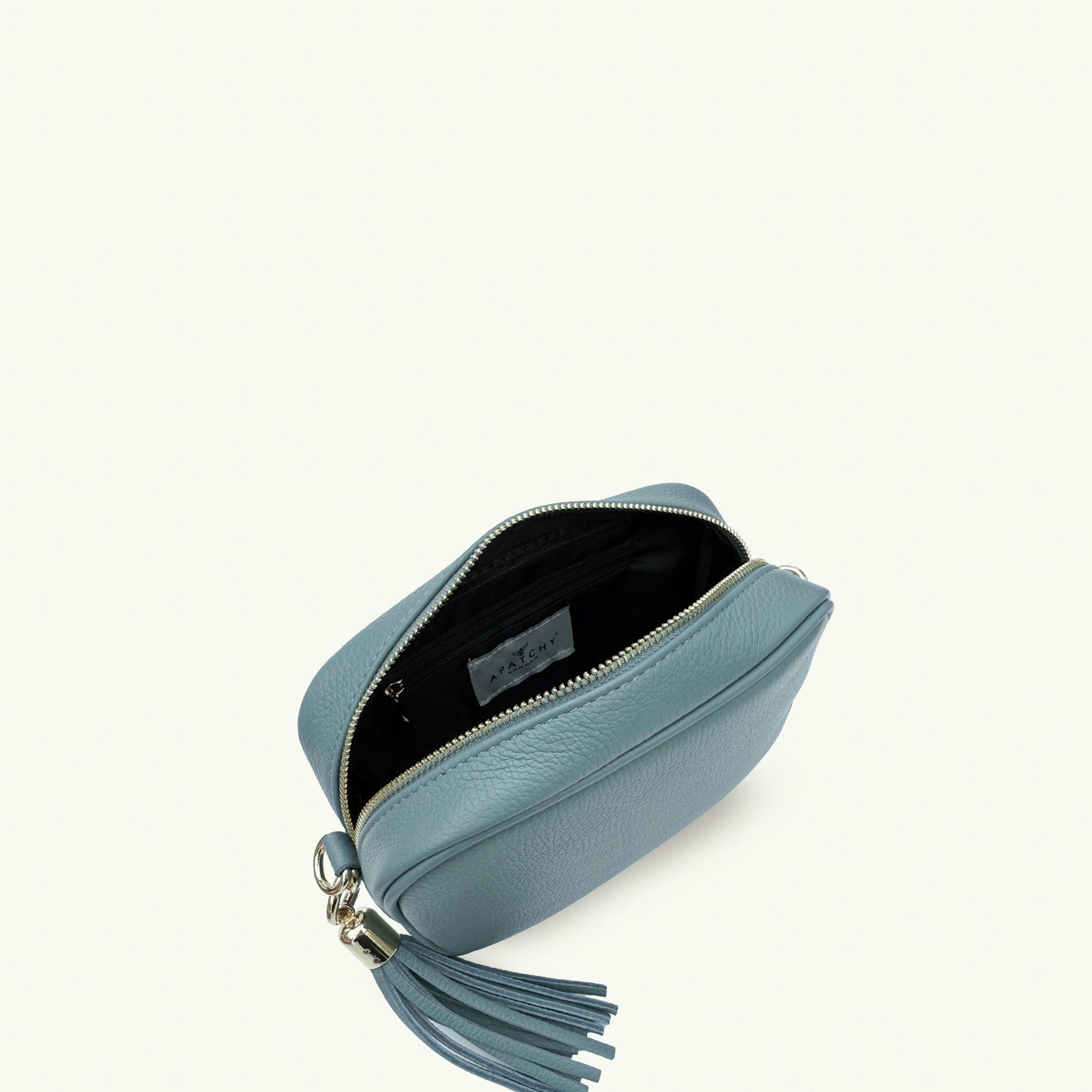 The Tassel Leather Crossbody Bag With Denim Blue Chevron Strap , view 5 of 6
