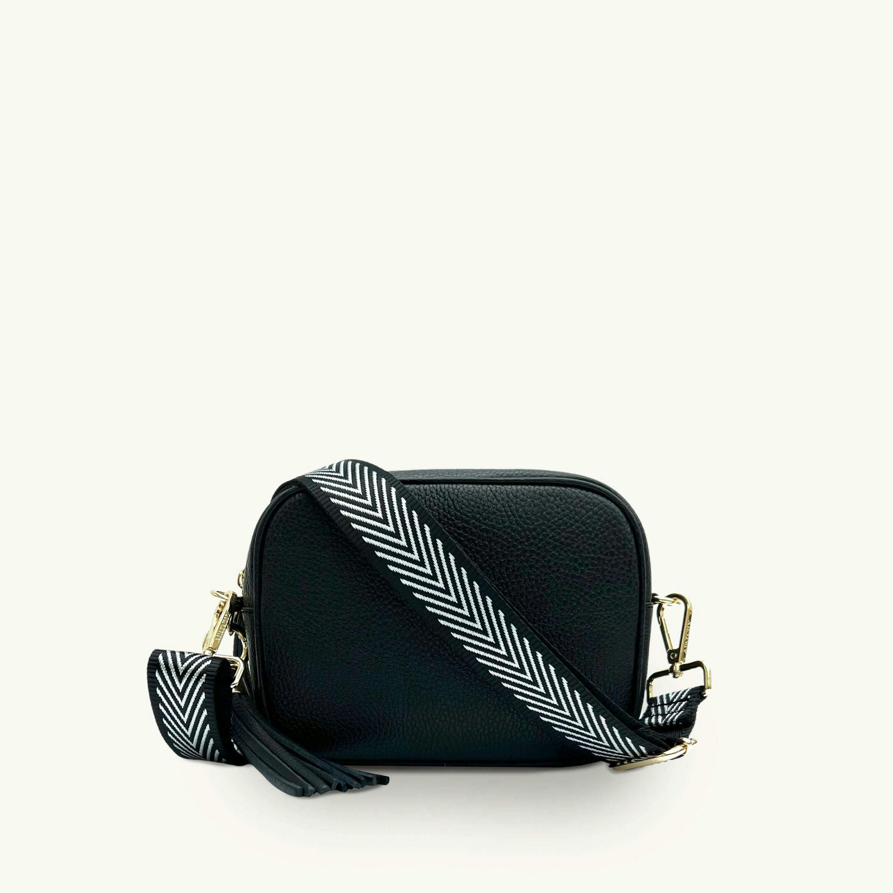 The Tassel Leather Crossbody Bag With Black & Silver Chevron Strap , view 1 of 6