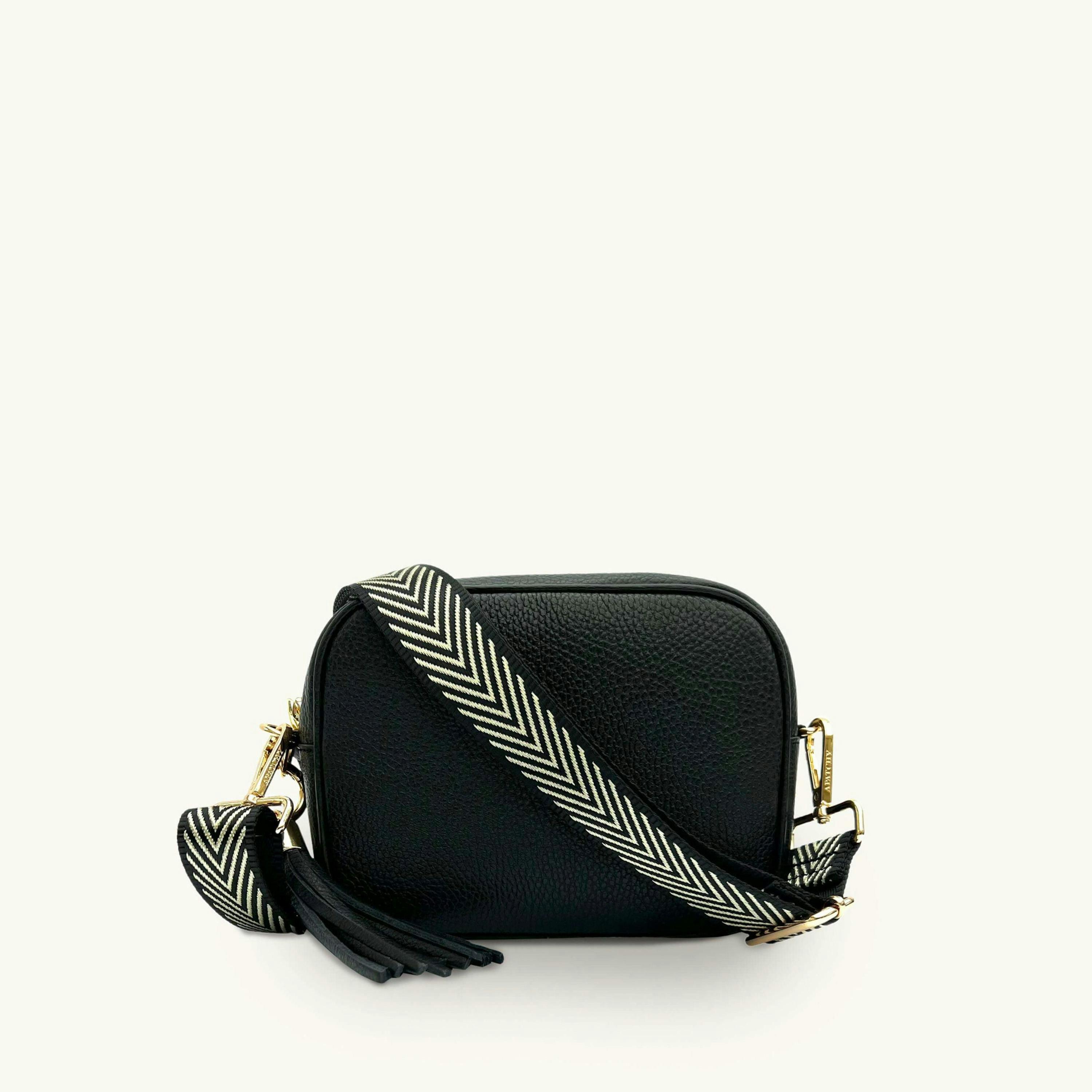 The Tassel Leather Crossbody Bag With Black & Gold Chevron Strap , view 1 of 6