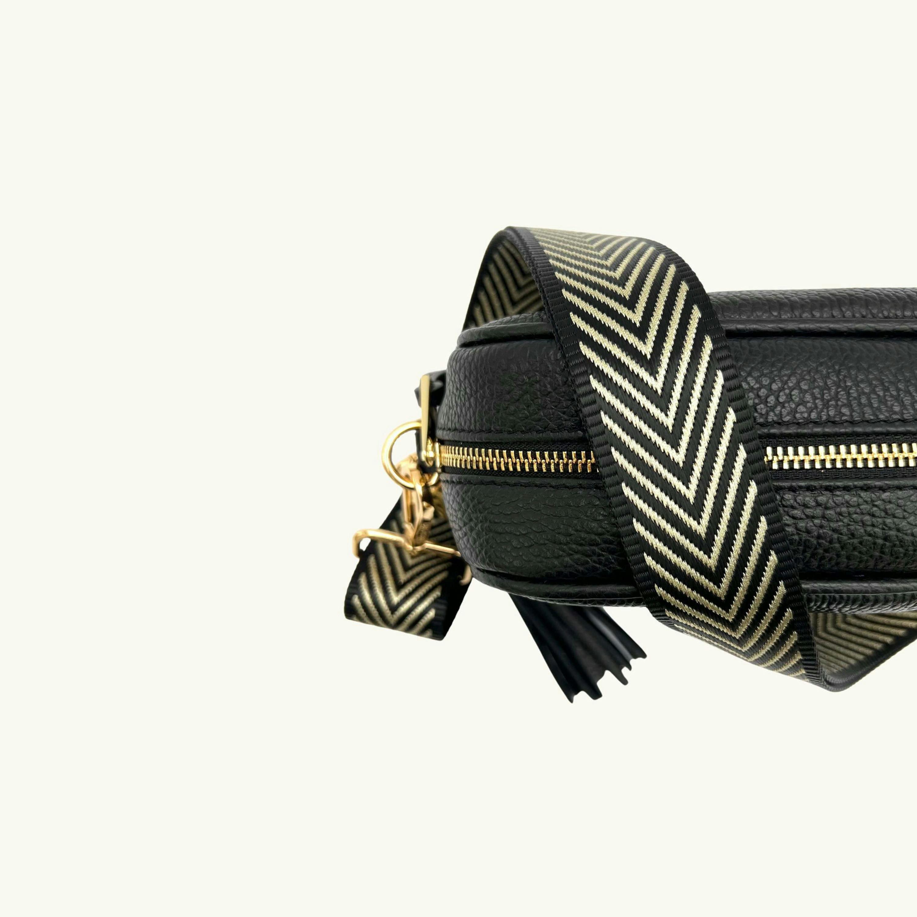 The Tassel Leather Crossbody Bag With Black & Gold Chevron Strap , view 3 of 6