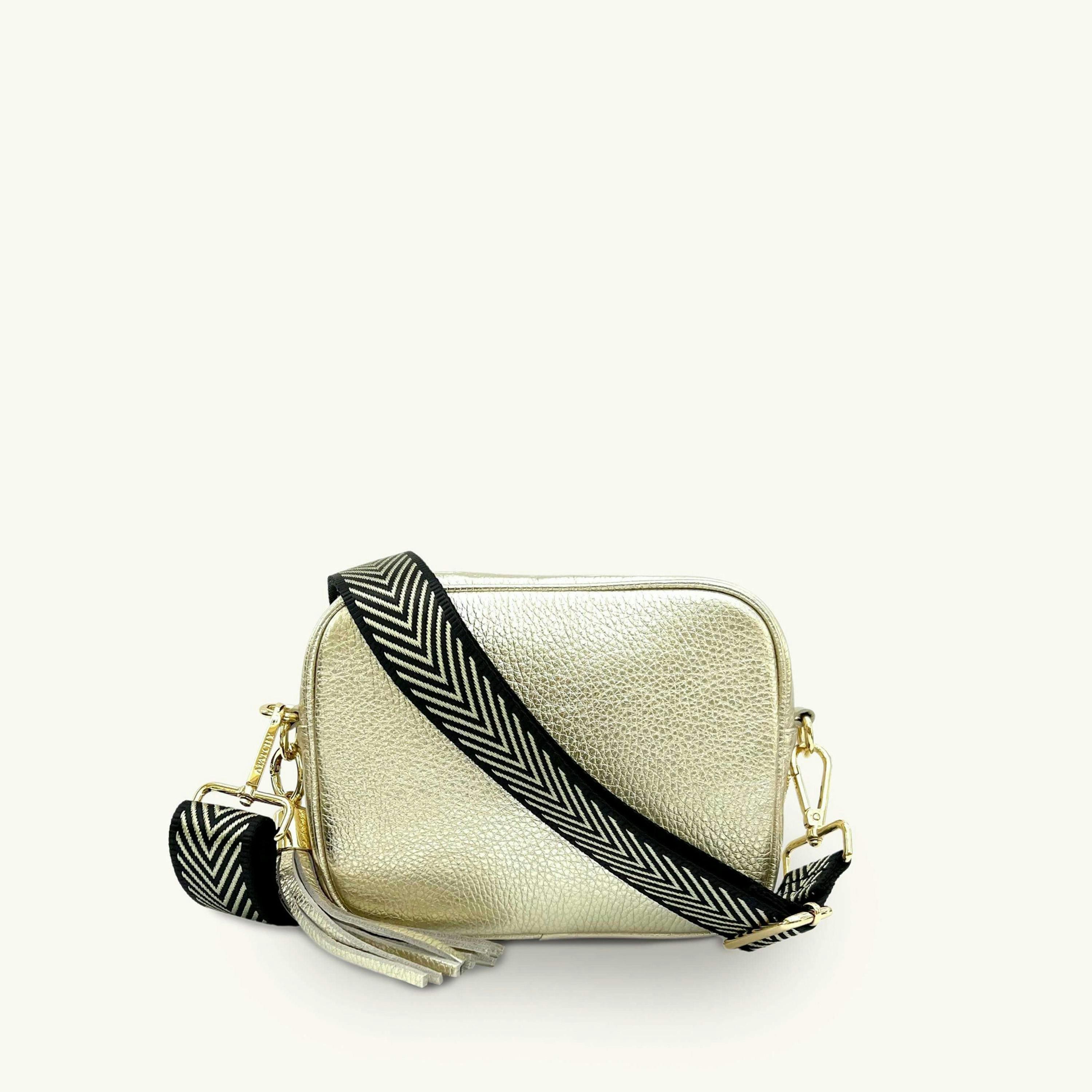 The Tassel Leather Crossbody Bag With Black & Gold Chevron Strap , view 1 of 6