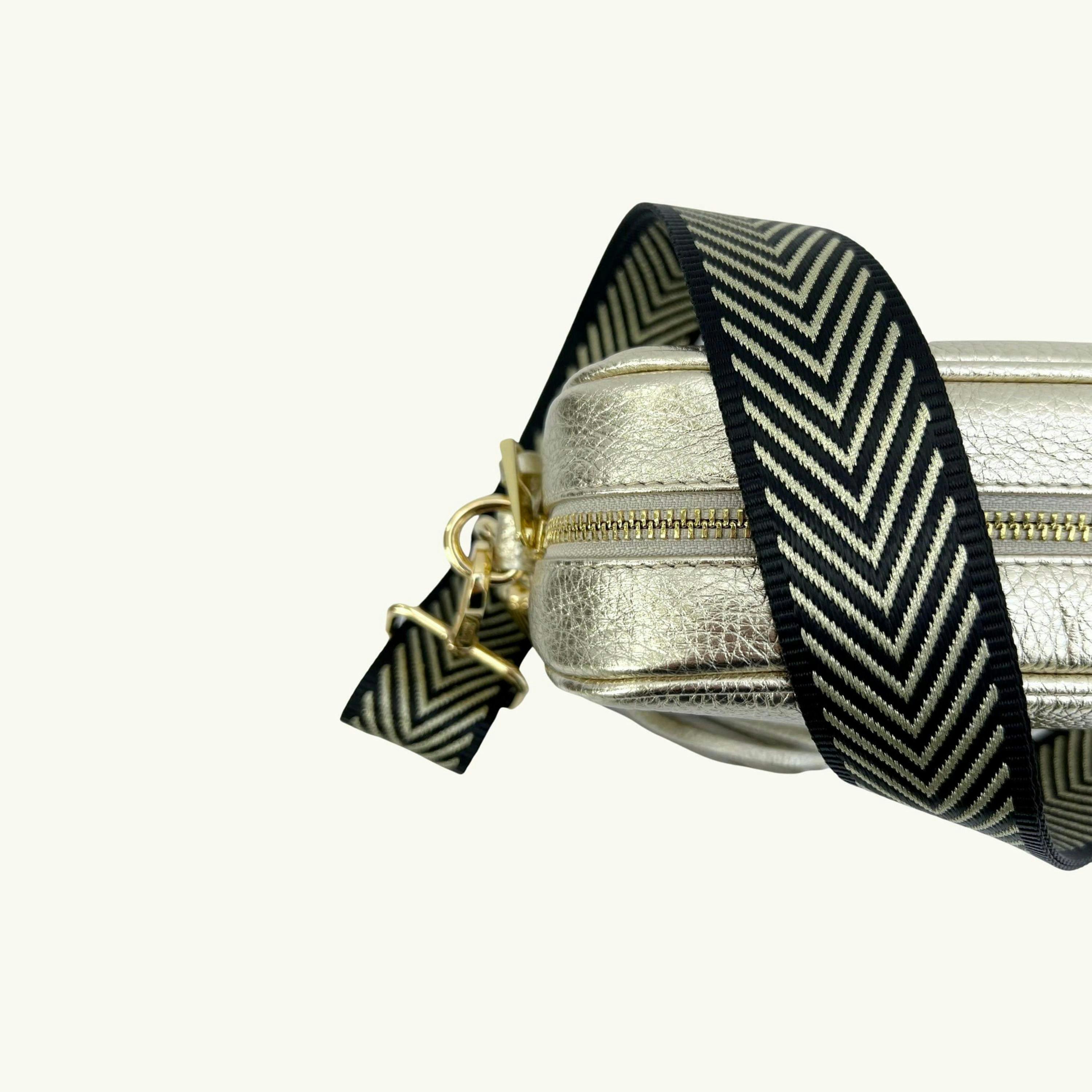 The Tassel Leather Crossbody Bag With Black & Gold Chevron Strap , view 3 of 6