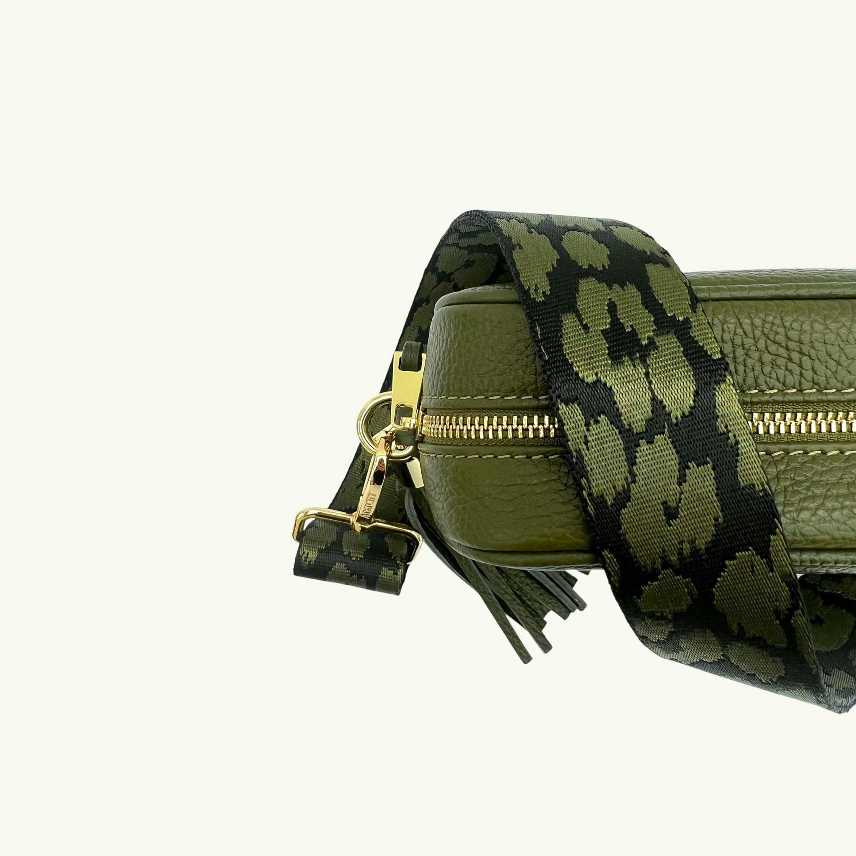 The Tassel Leather Crossbody Bag With Olive Green Cheetah Strap , view 3 of 6