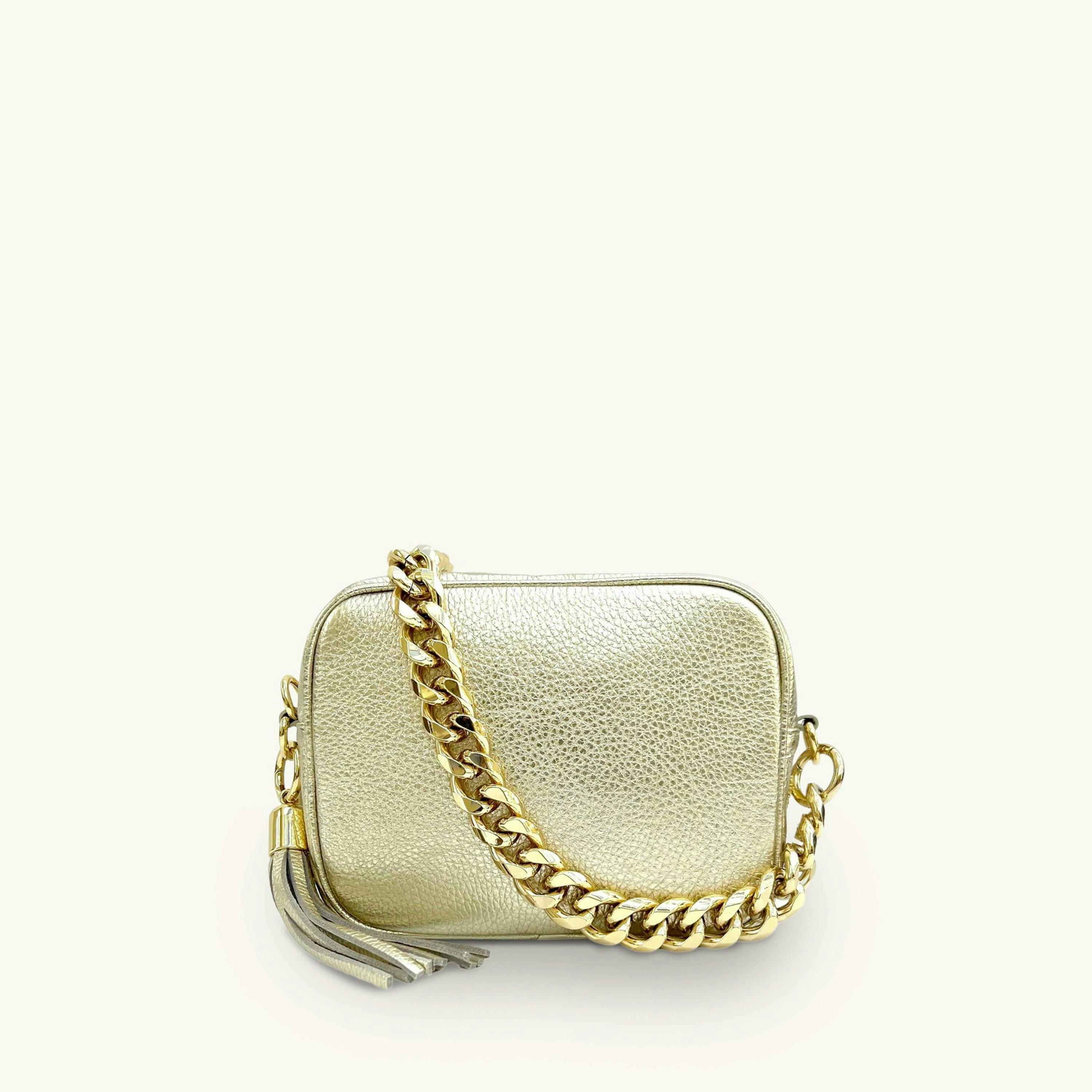 The Tassel Leather Crossbody Bag With Gold Chain Strap , view 1 of 6