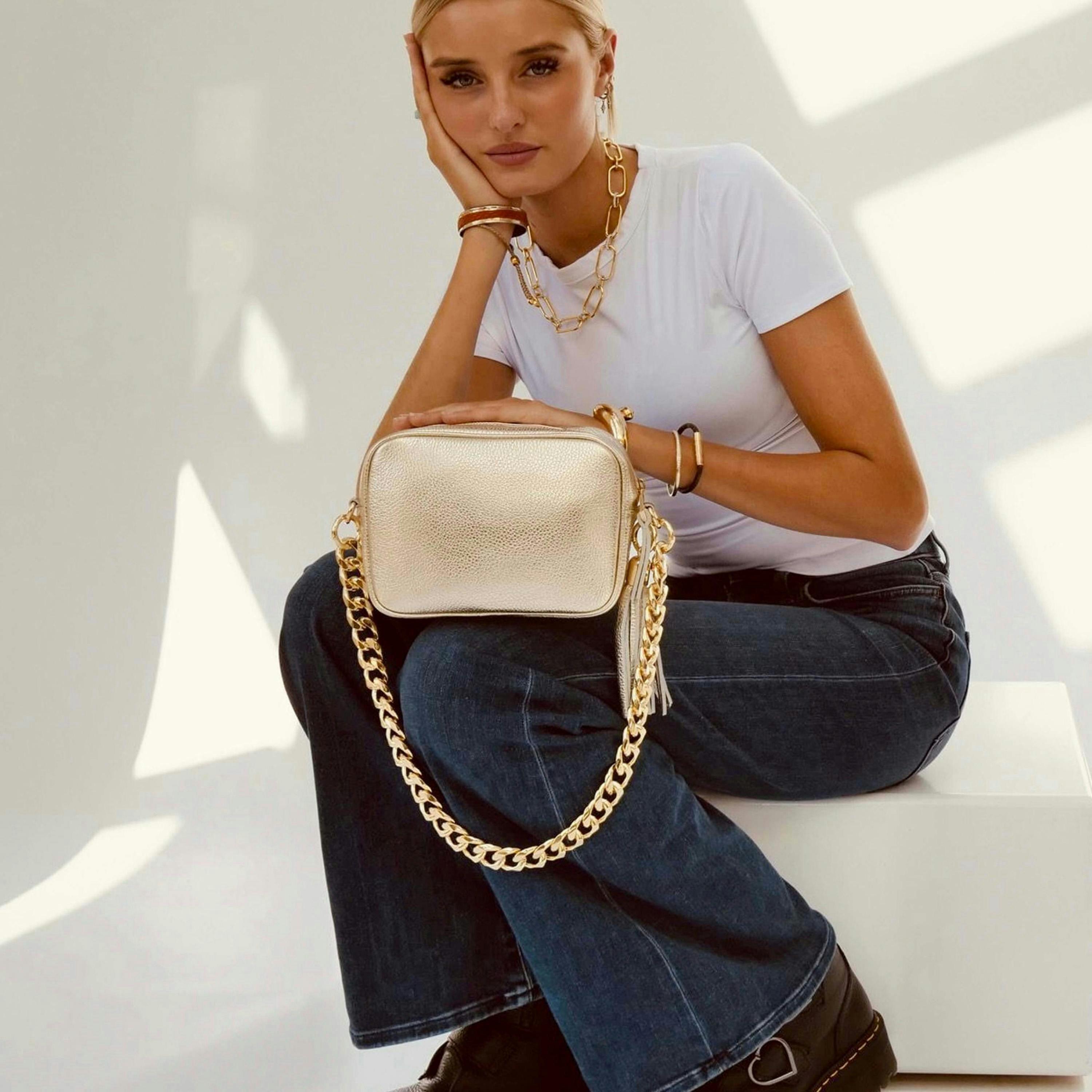 The Tassel Leather Crossbody Bag With Gold Chain Strap , view 2 of 6