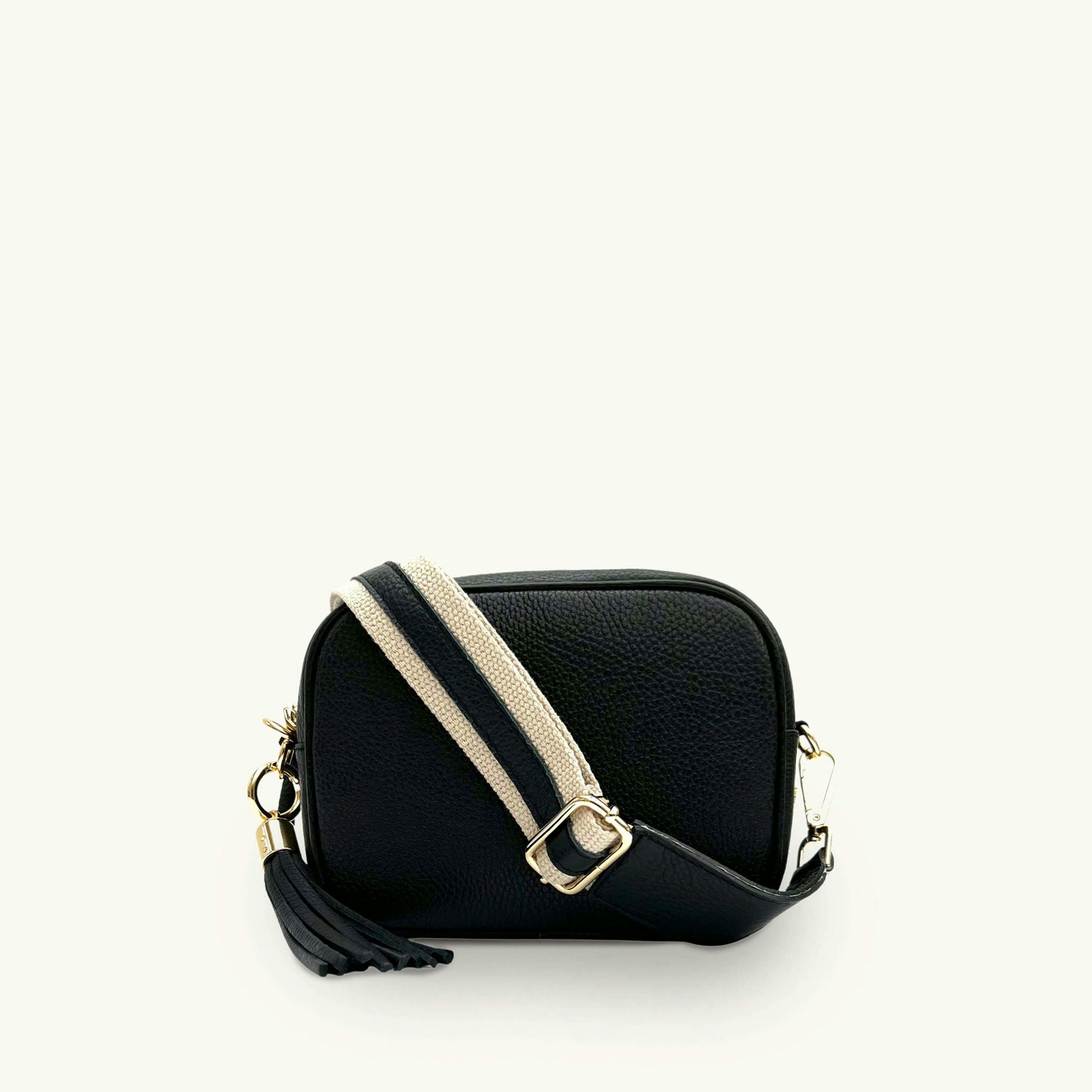The Tassel Leather Crossbody Bag With Leather & Canvas Strap , view 1 of 6