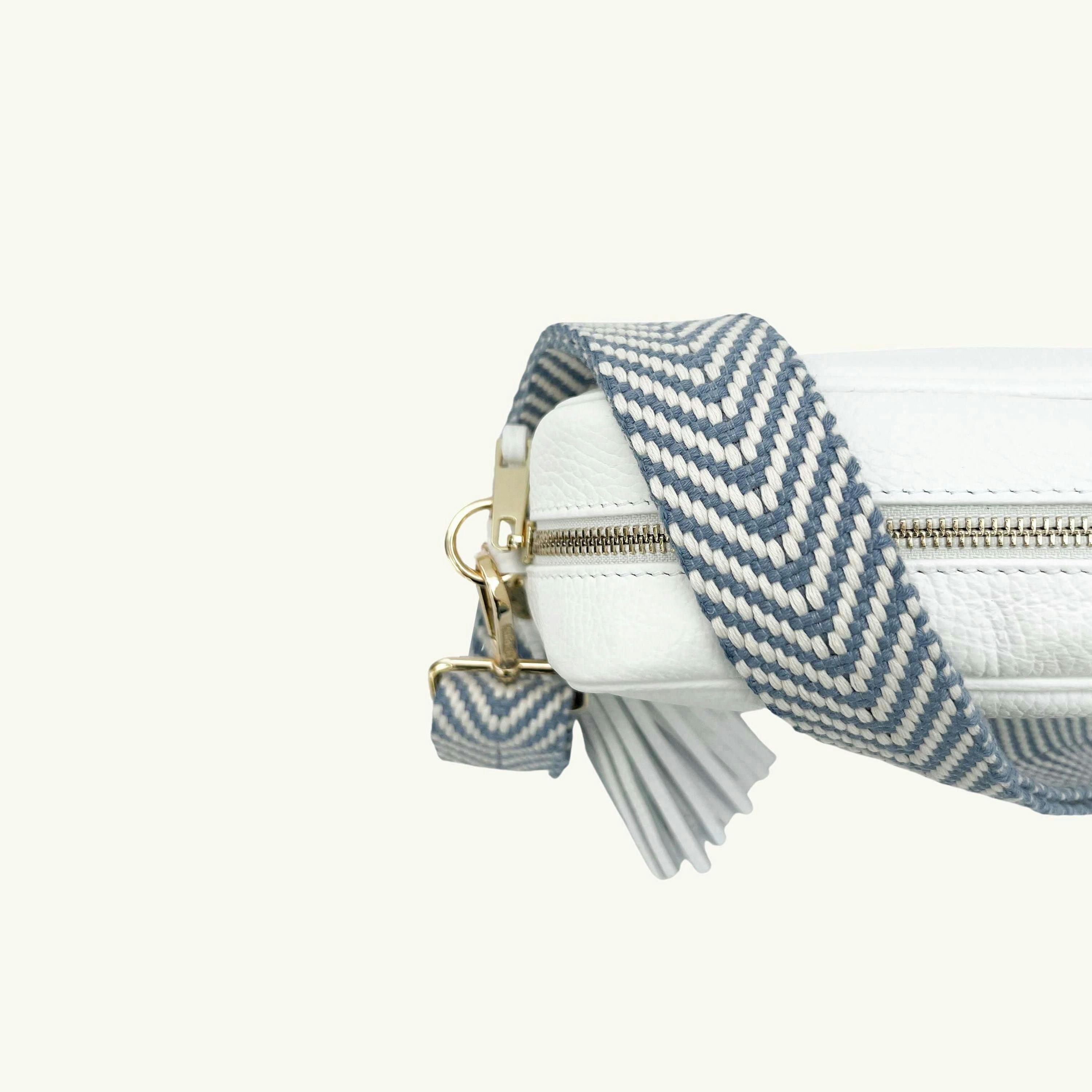 The Tassel Leather Crossbody Bag With Denim Blue Chevron Strap , view 3 of 6