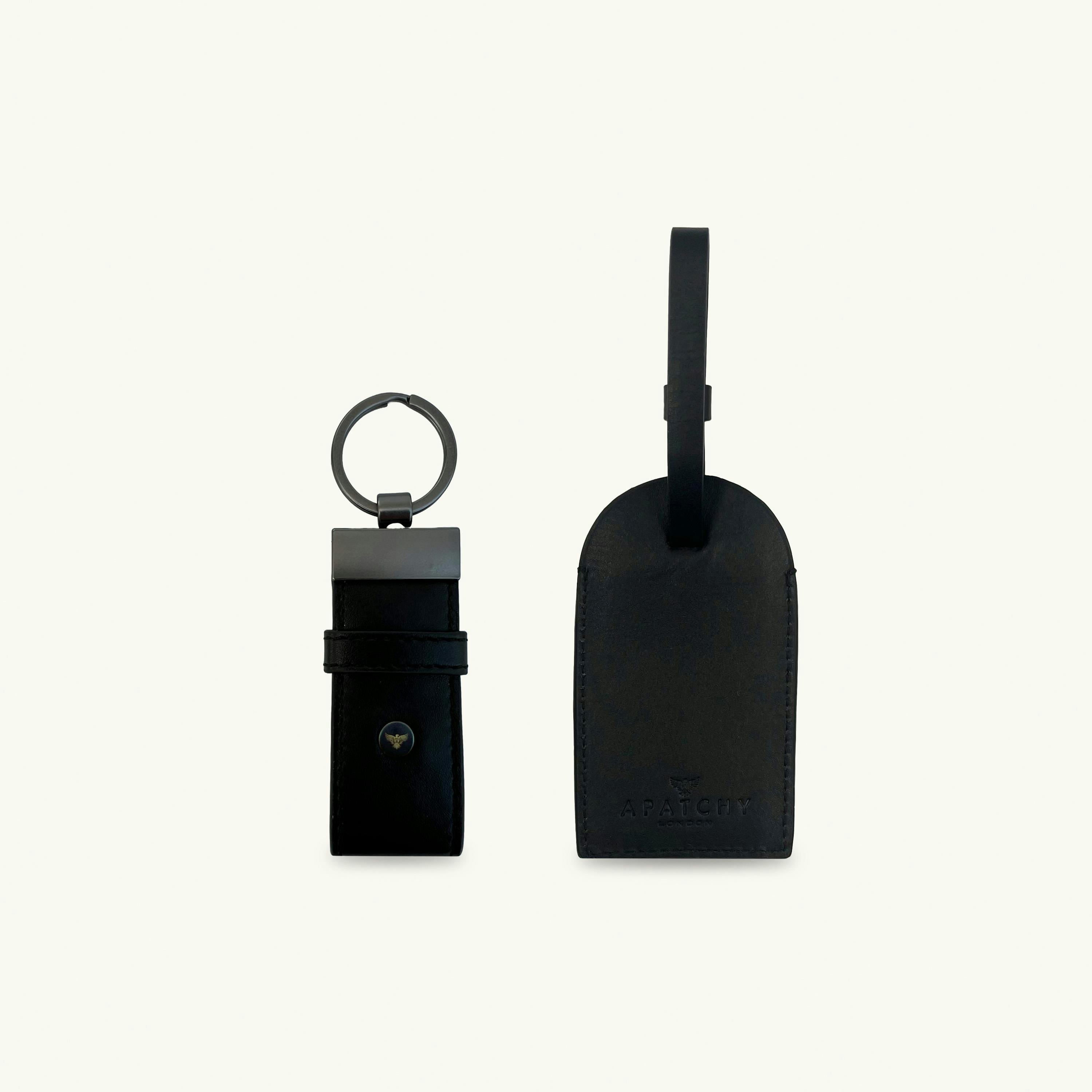 Black Leather Luggage Tag and Loop Keyring Gift Set , view 1 of 6