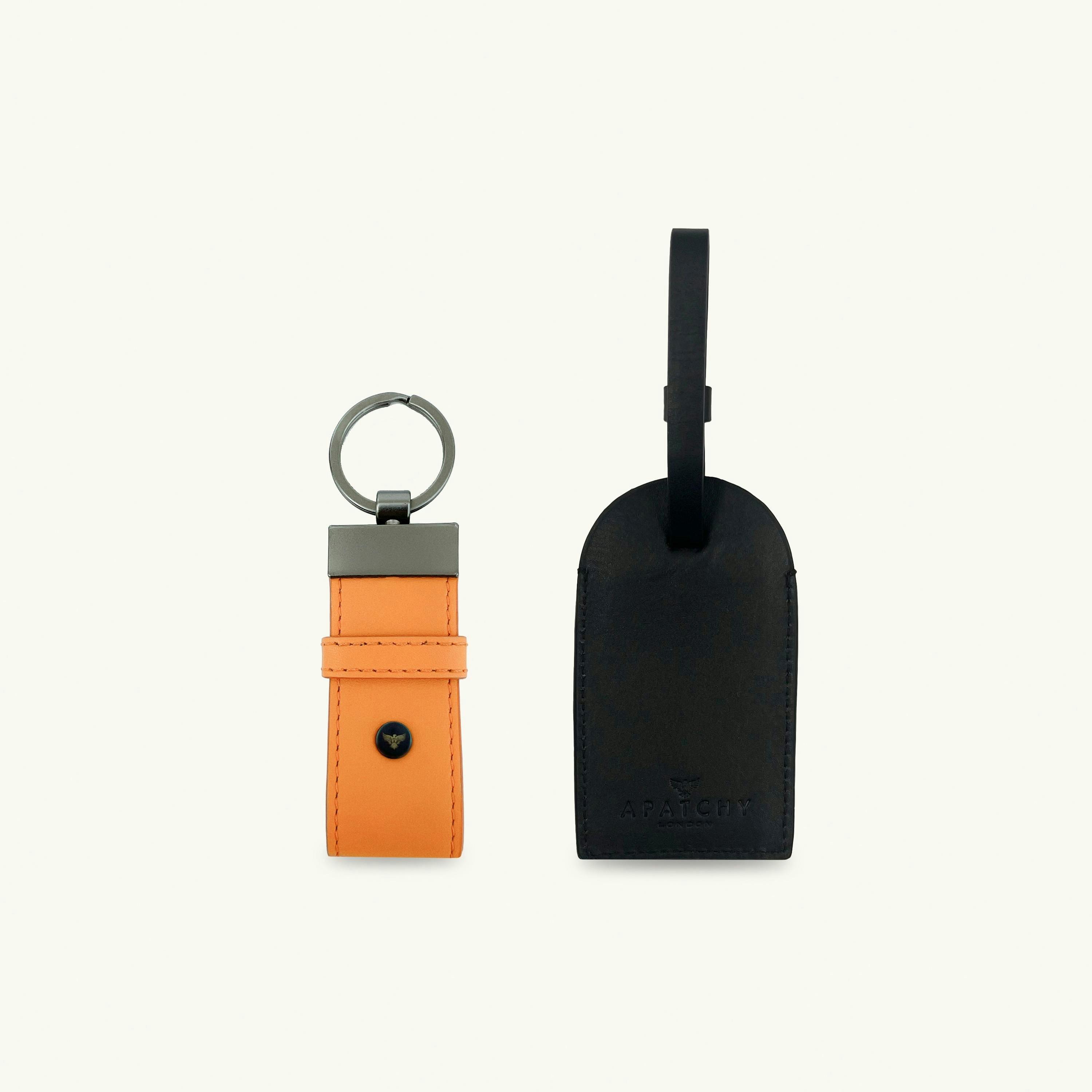 Black Leather Luggage Tag and Orange Loop Keyring Gift Set , view 1 of 6