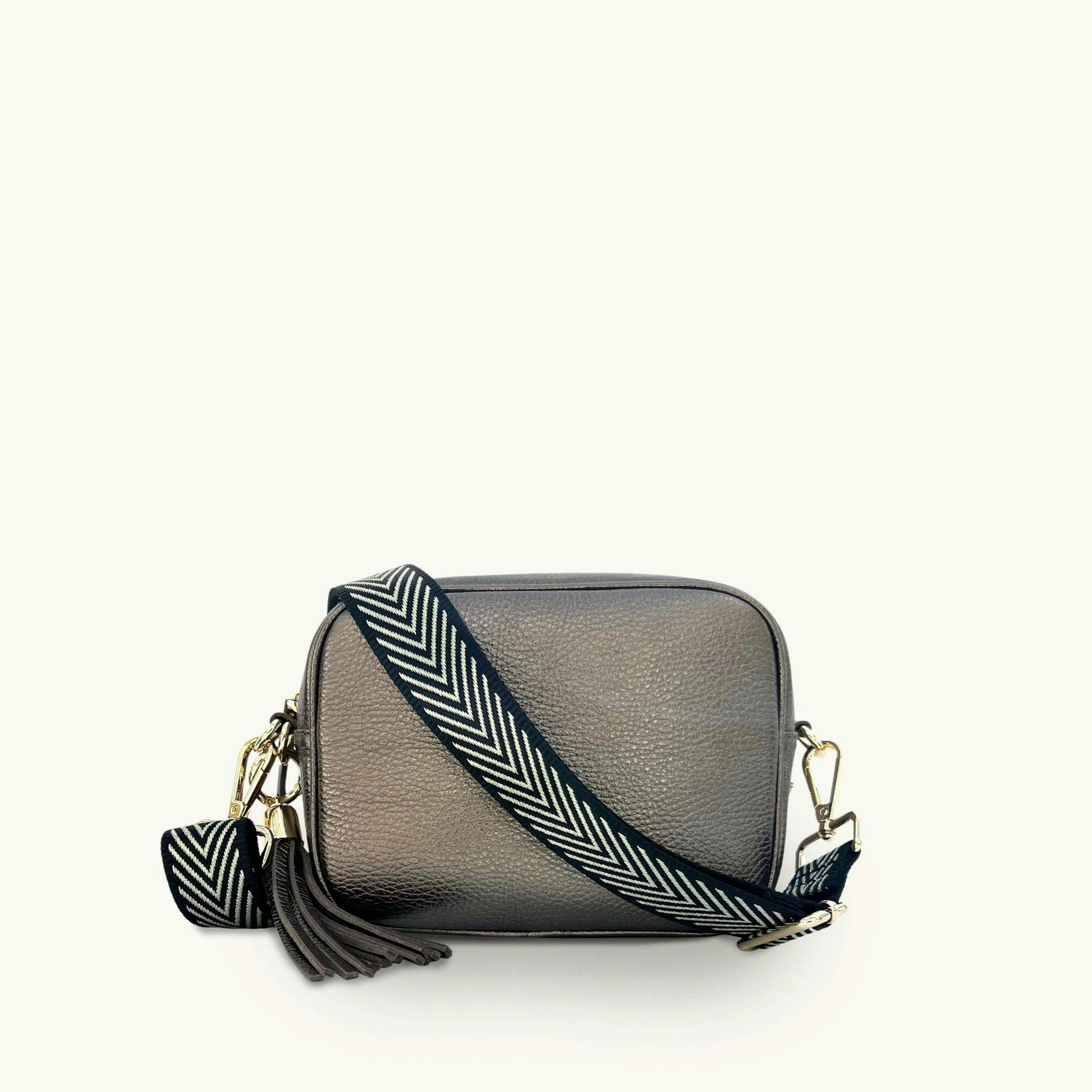 The Tassel Leather Crossbody Bag With Black & Gold Chevron Strap , view 1 of 6