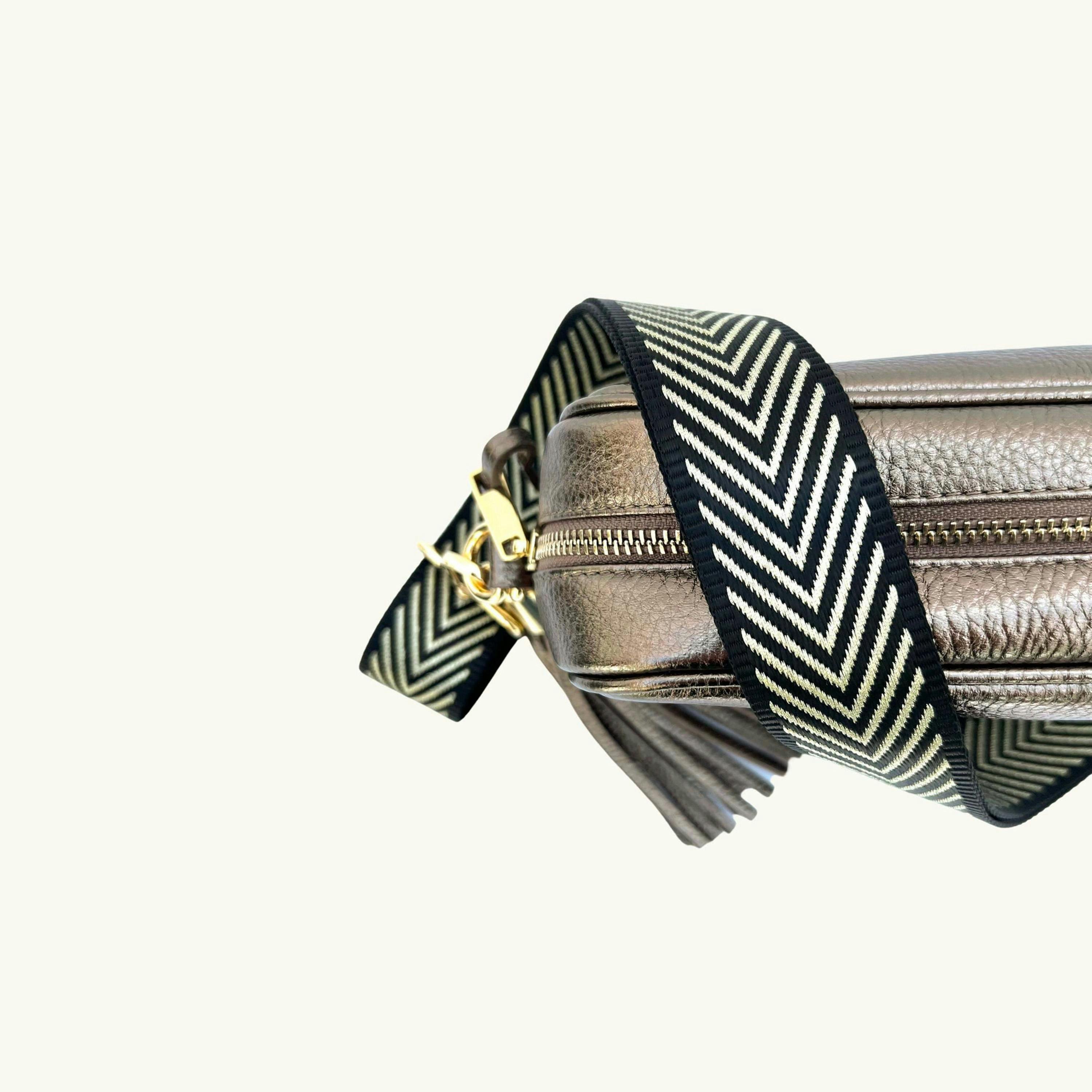 The Tassel Leather Crossbody Bag With Black & Gold Chevron Strap , view 3 of 6