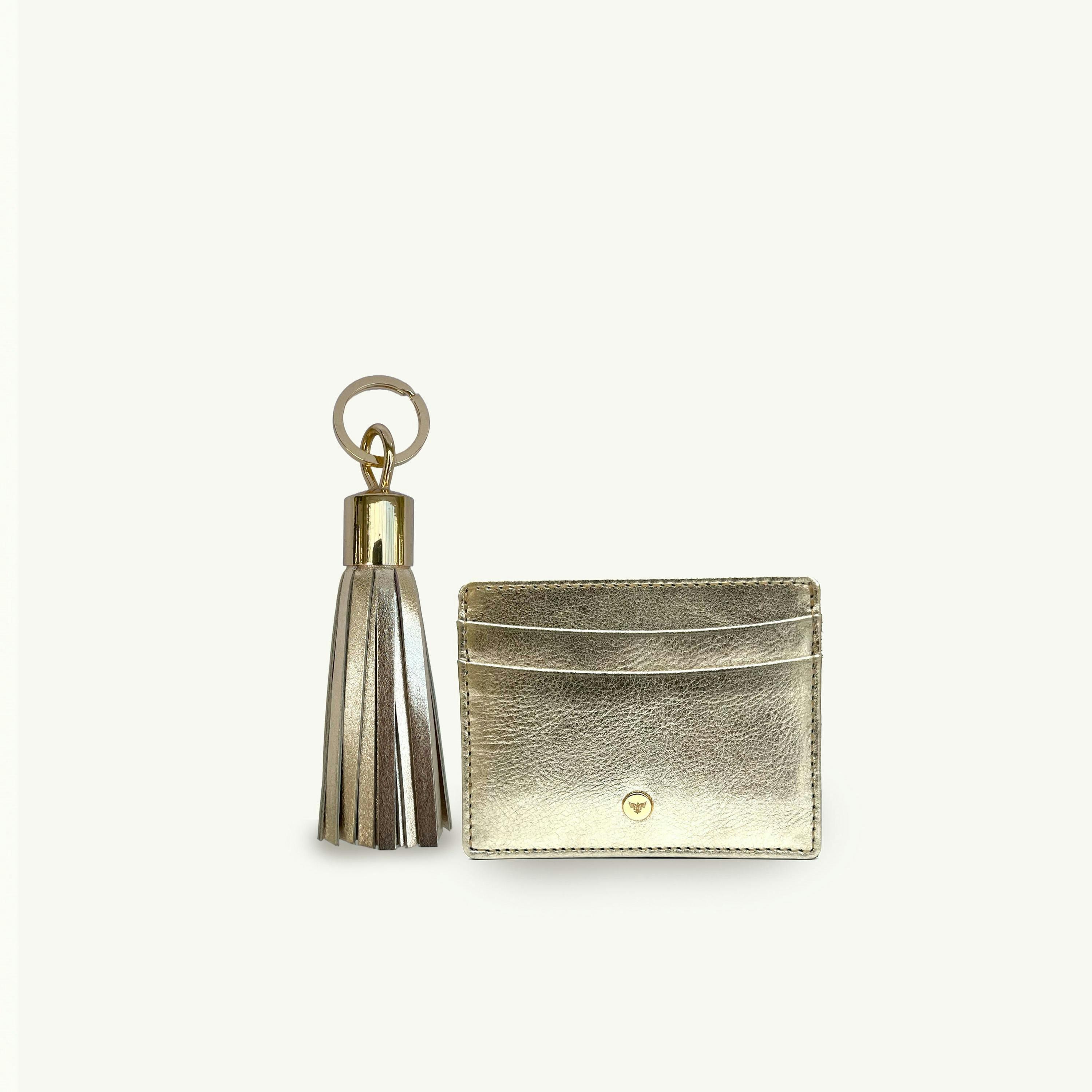 Gold Leather Cardholder and Tassel Keyring Gift Set , view 1 of 6