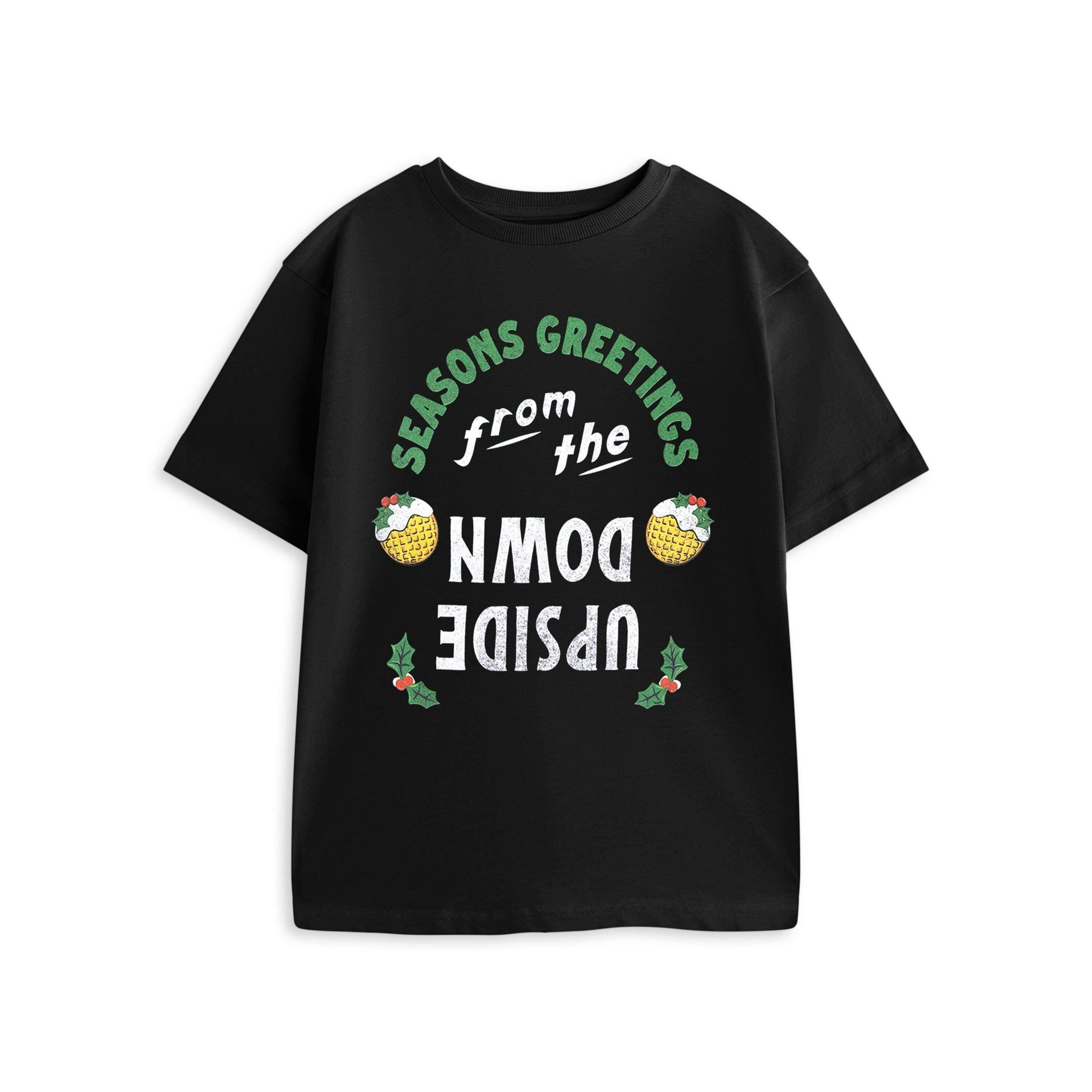 Stranger Things Unisex Kids Black Season Greetings Short Sleeved T-Shirt by Vanilla Underground , view 1 of 4