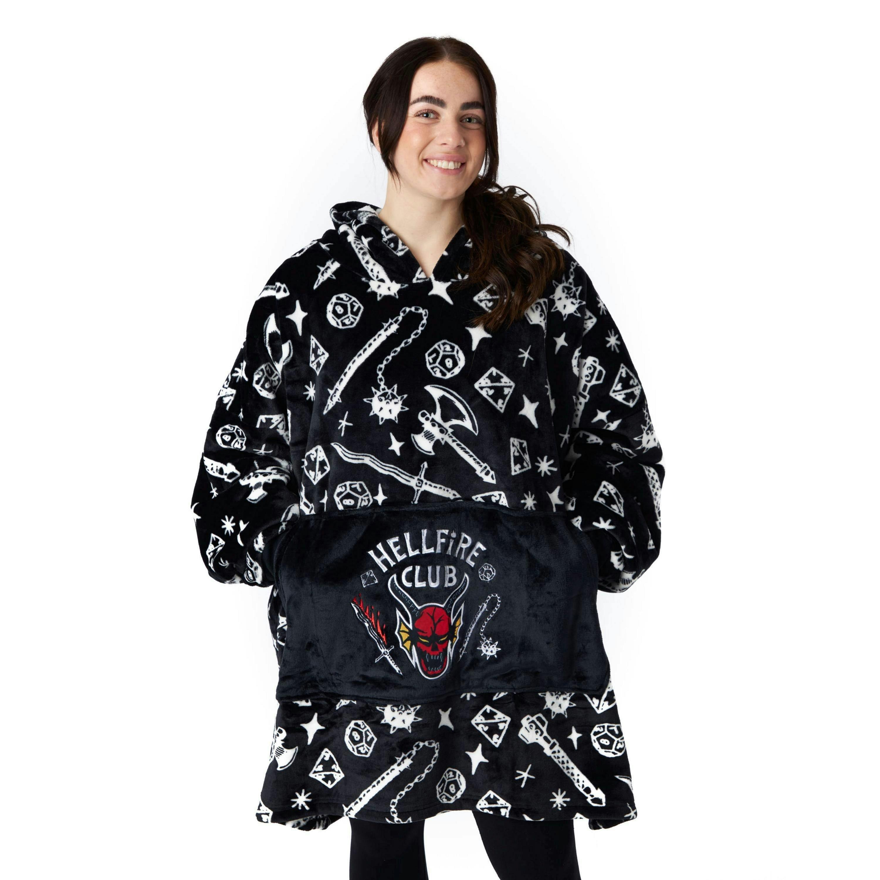 Stranger Things Unisex Black Hellfire Club Logo Scattered Print Blanket Hoodie (One Size) by Vanilla Underground , view 1 of 5