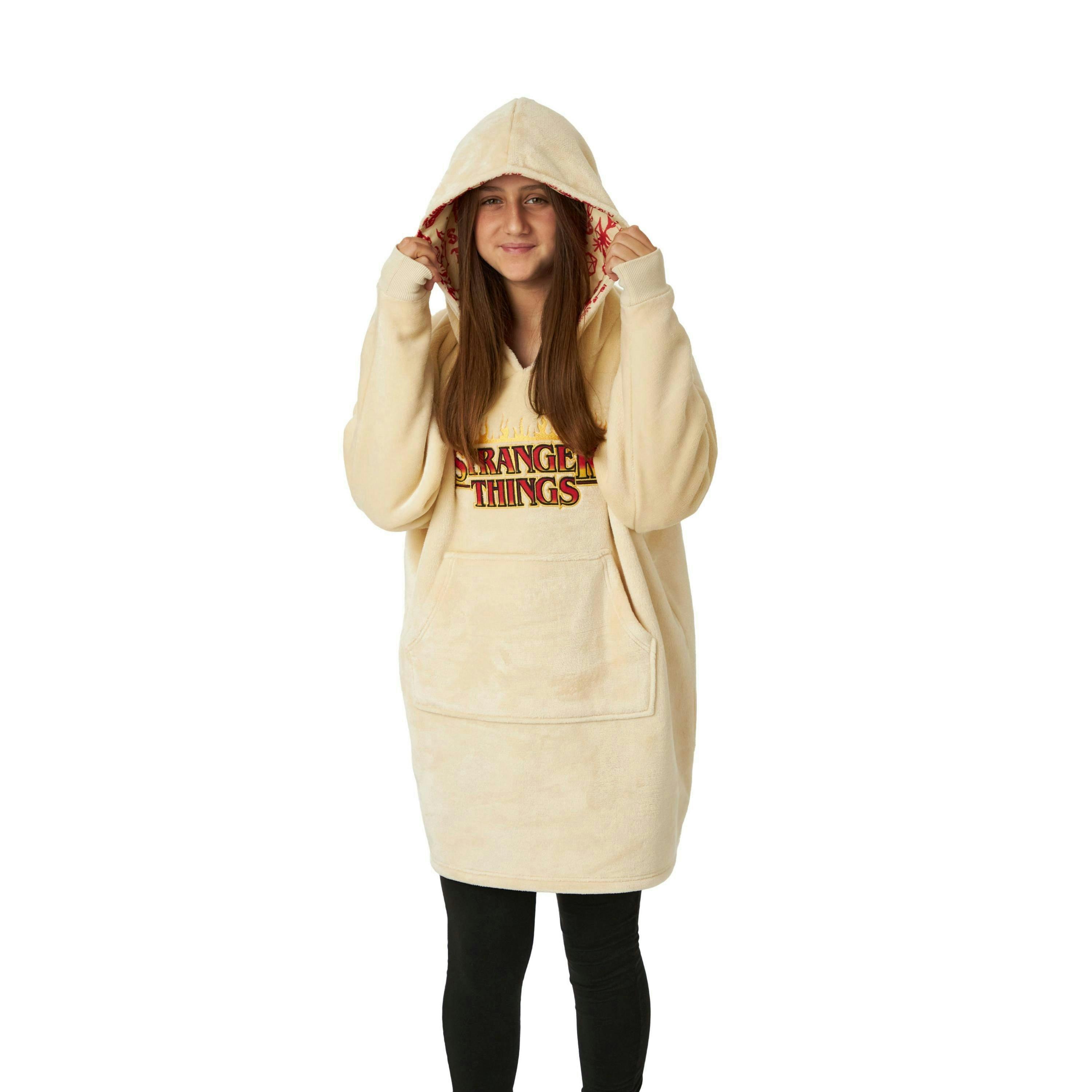 Stranger Things Unisex Kids Beige Brand Name Print Blanket Hoodie (One Size) by Vanilla Underground , view 1 of 6