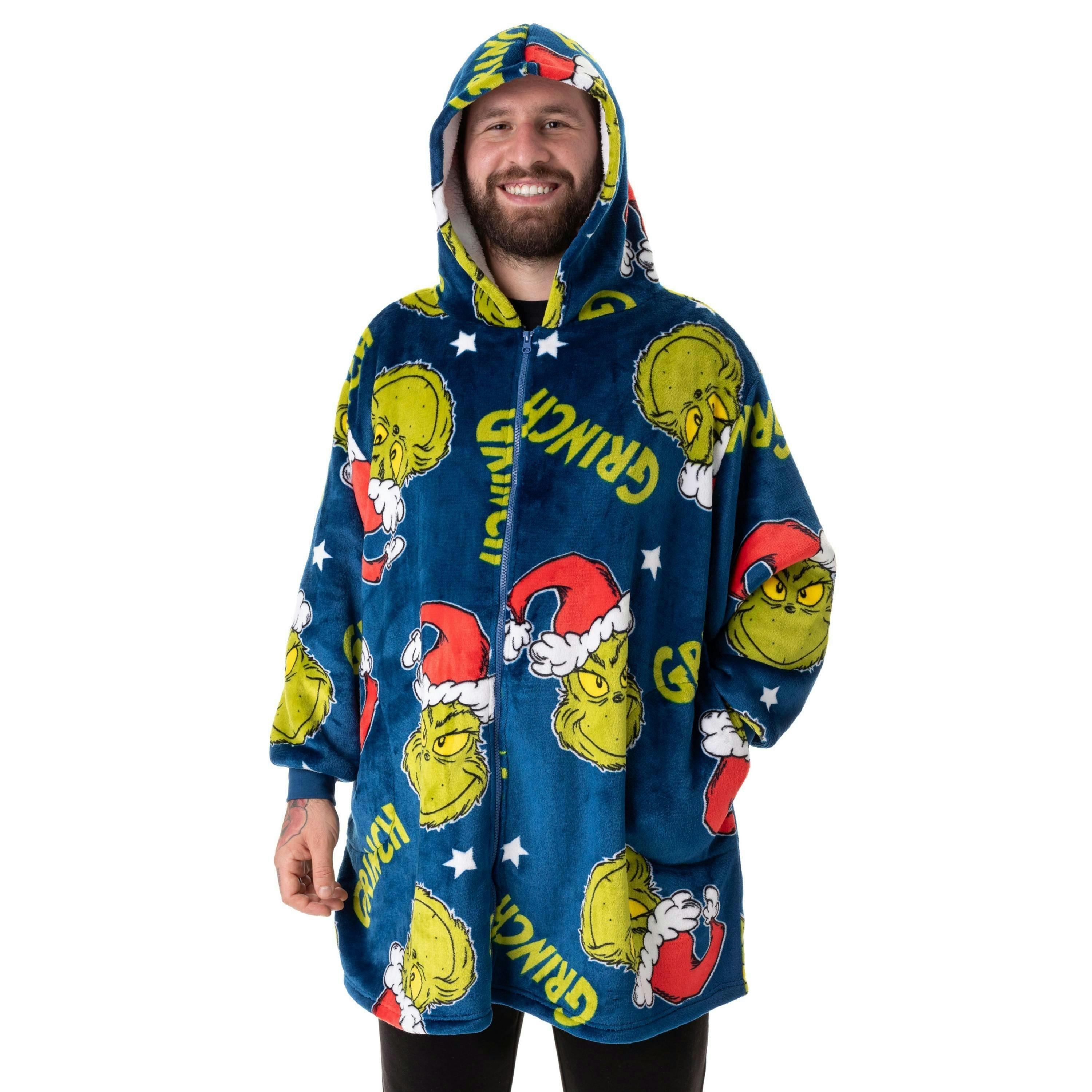The Grinch Unisex Multicoloured Character Face Zip Through Blanket Hoodie (One Size) by Vanilla Underground , view 1 of 6