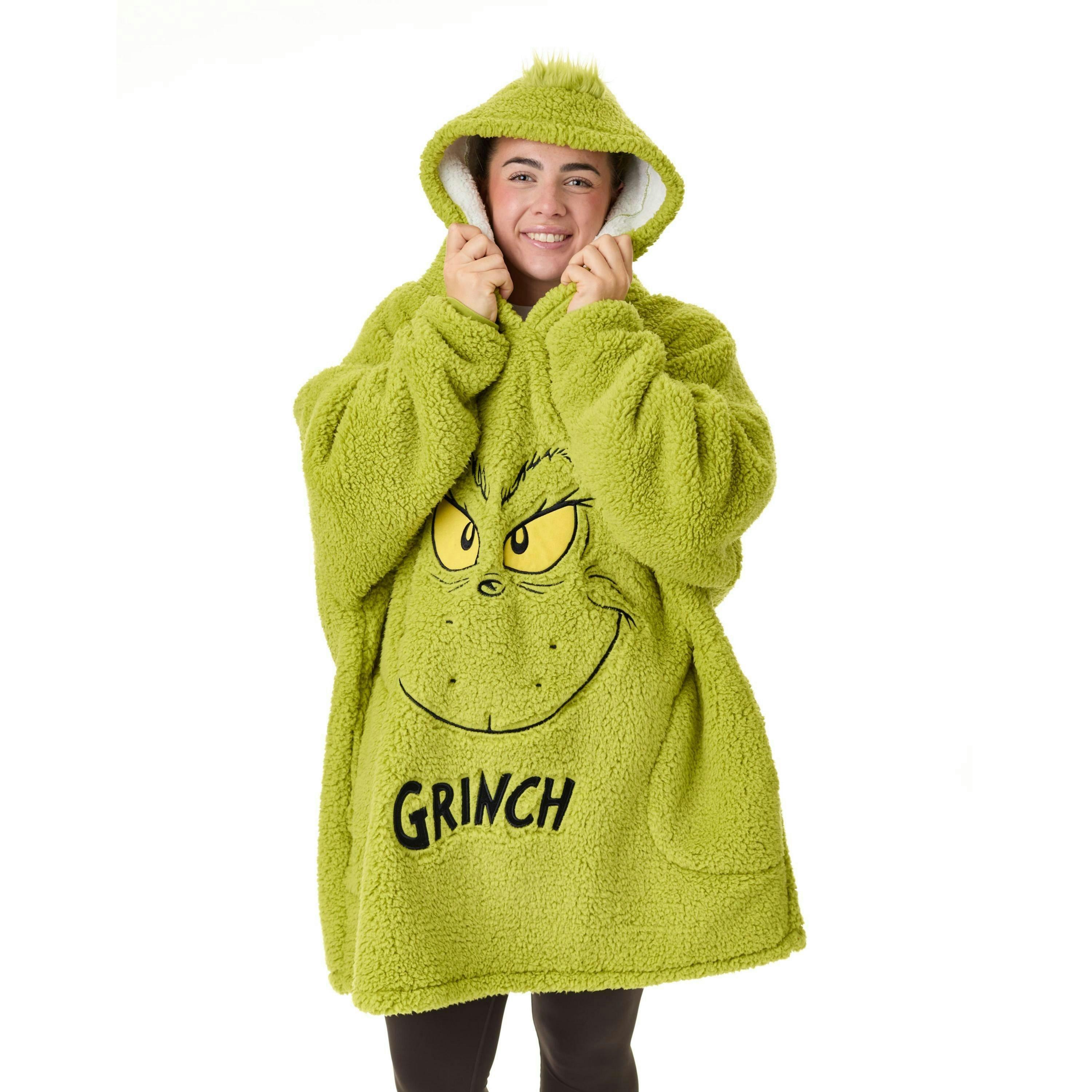 The Grinch Mens Green Novelty Face Blanket Hoodie (One Size) by Vanilla Underground , view 1 of 6