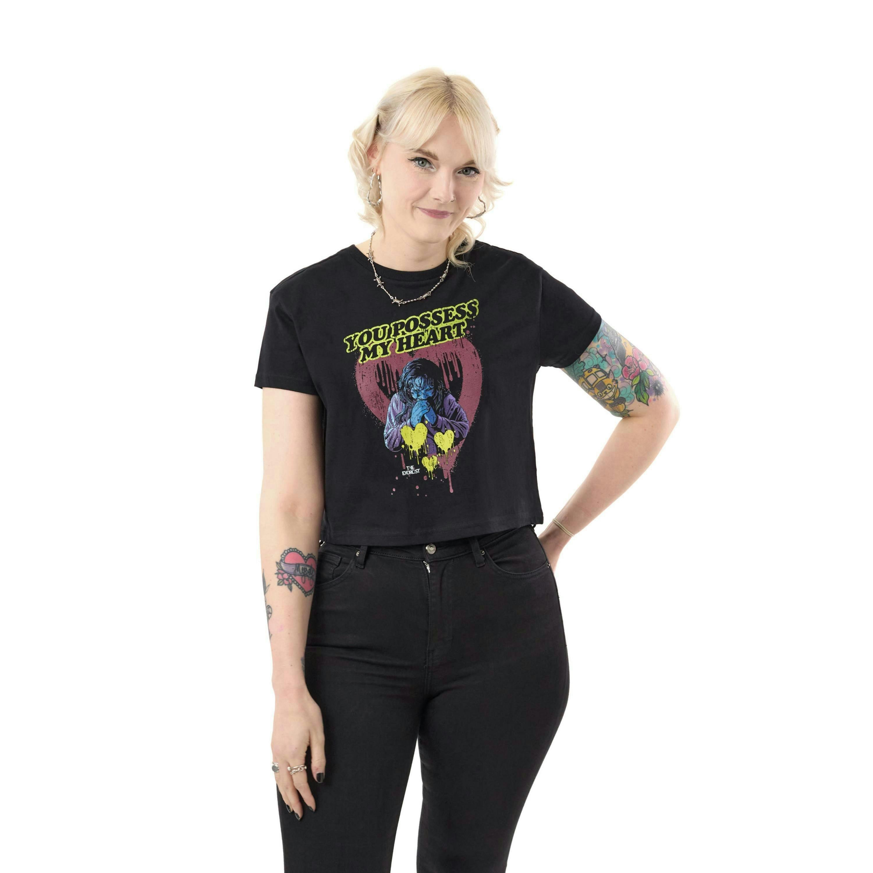 Exorcist Womens Black You Possess my heart Crop Cropped Short Sleeved T-Shirt by Vanilla Underground , view 1 of 4