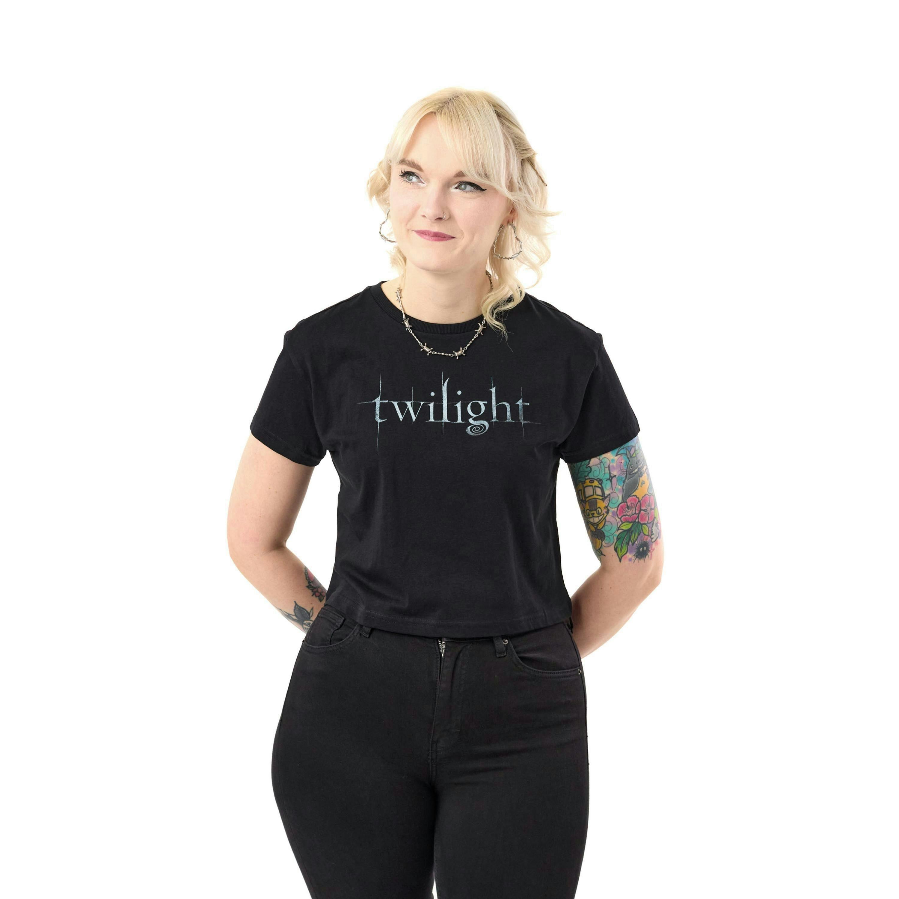 Twilight Womens Black Logo Crop Cropped Short Sleeved T-Shirt by Vanilla Underground , view 1 of 4
