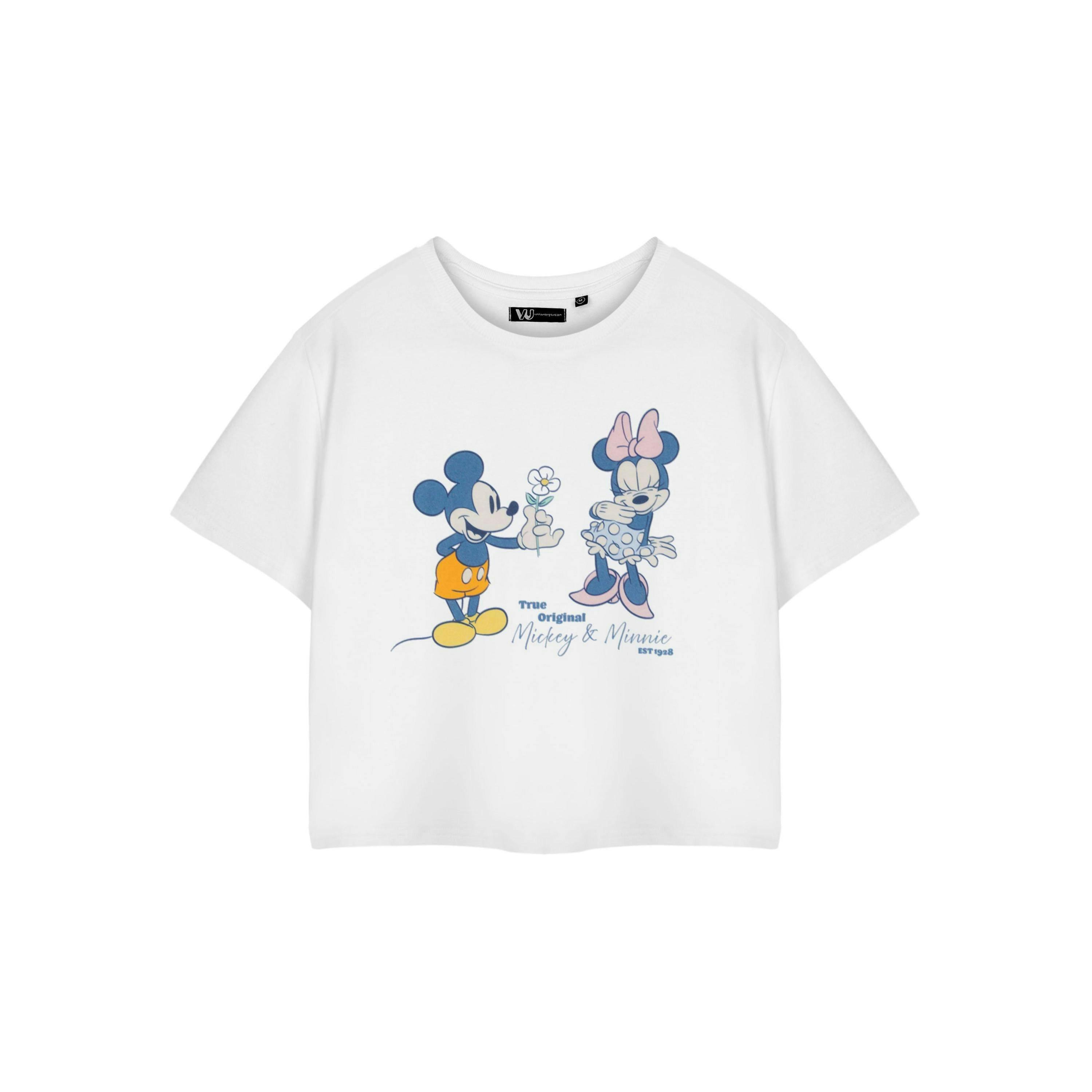 Disney Womens White True Original Mickey & Minnie Cropped Short Sleeved T-Shirt by Vanilla Underground , view 1 of 3