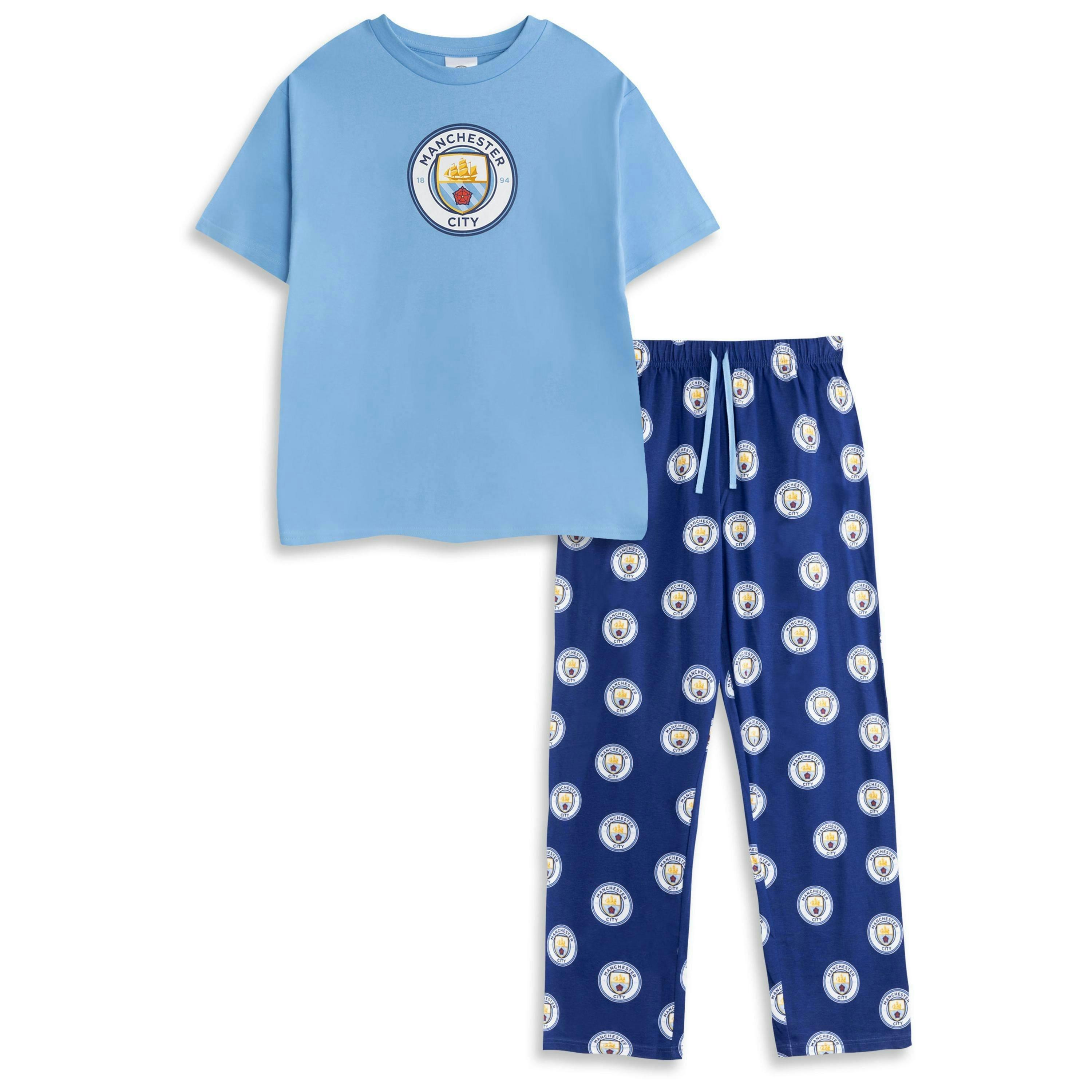 Manchester City Mens Blue Logo Short Sleeve Long Leg Pyjama Set by Vanilla Underground , view 1 of 6