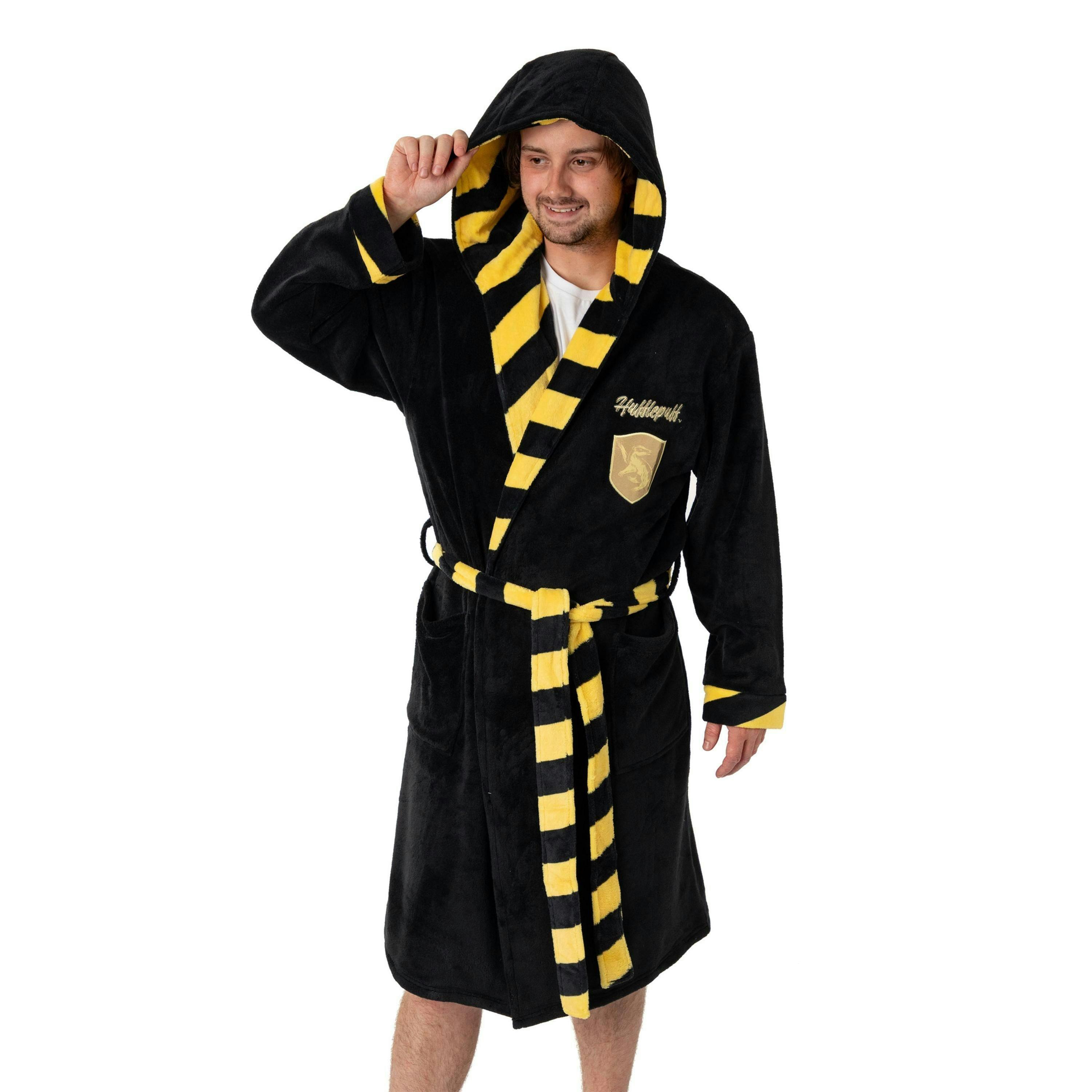 Harry Potter Unisex Black Hufflepuff Hooded Bathrobe by Vanilla Underground , view 1 of 6