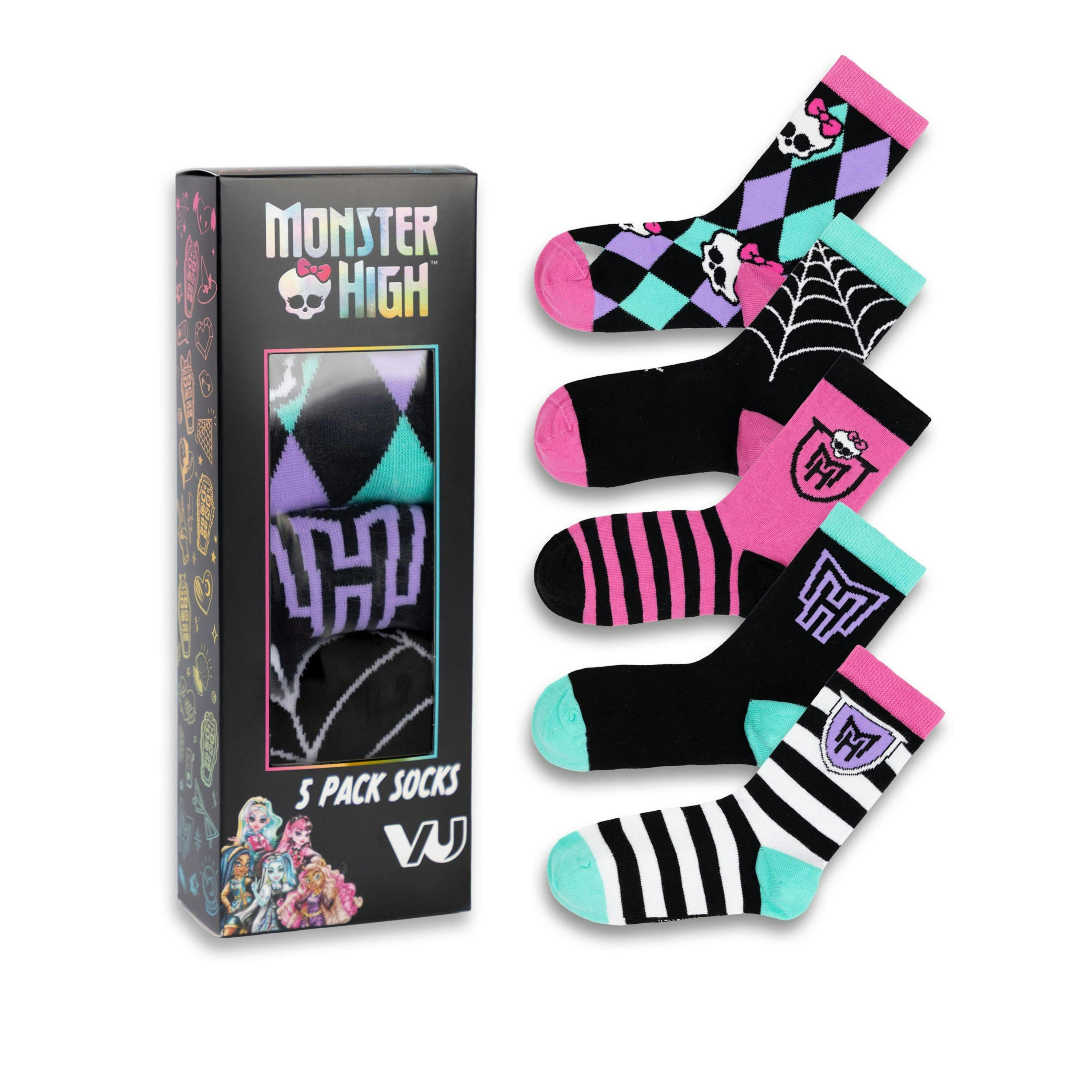 Monster High Girls Multicoloured Skulls and Stripes Calf Socks Set of 5 by Vanilla Underground , view 1 of 6