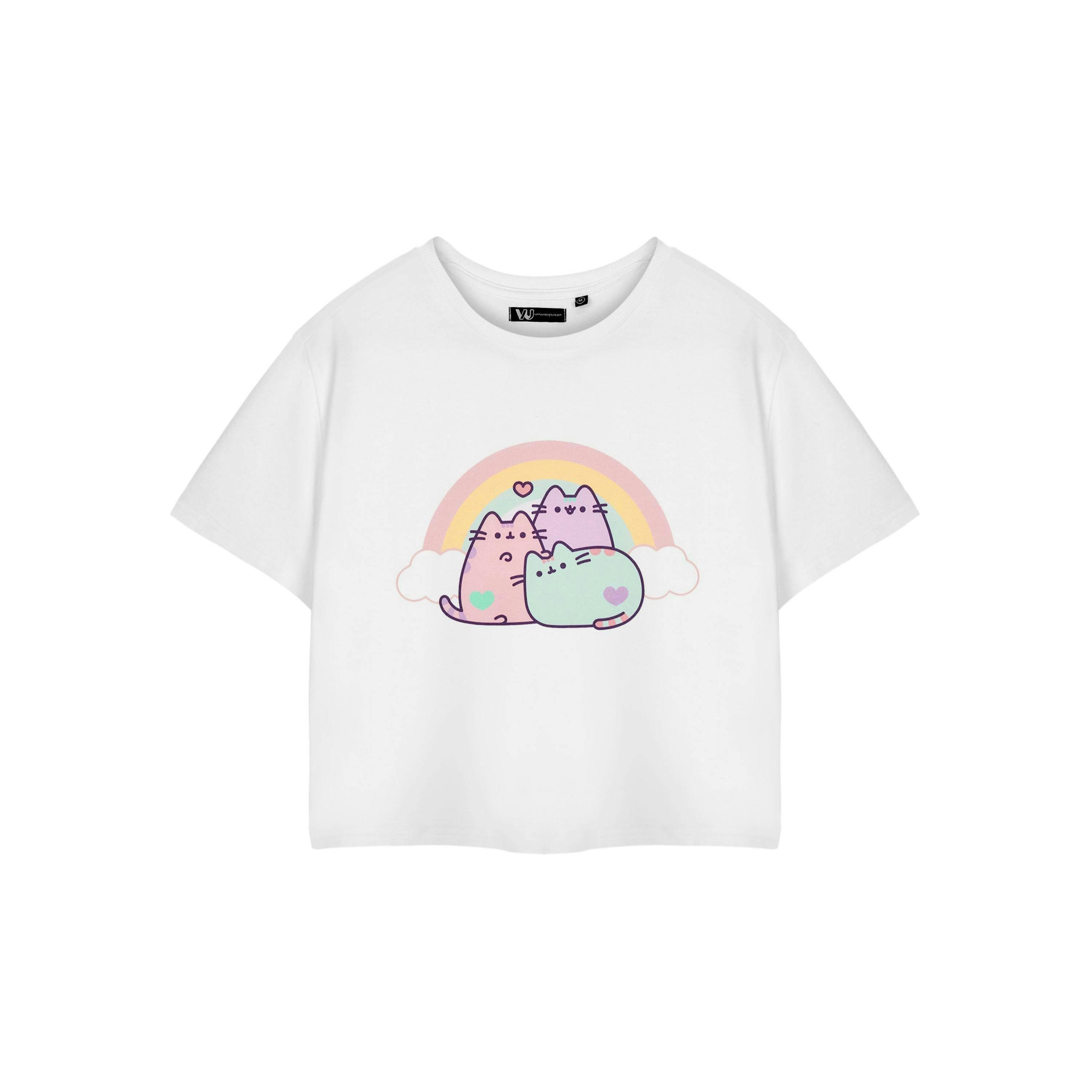 Pusheen Womens White Rainbow Cropped Short Sleeved T-Shirt by Vanilla Underground , view 1 of 6