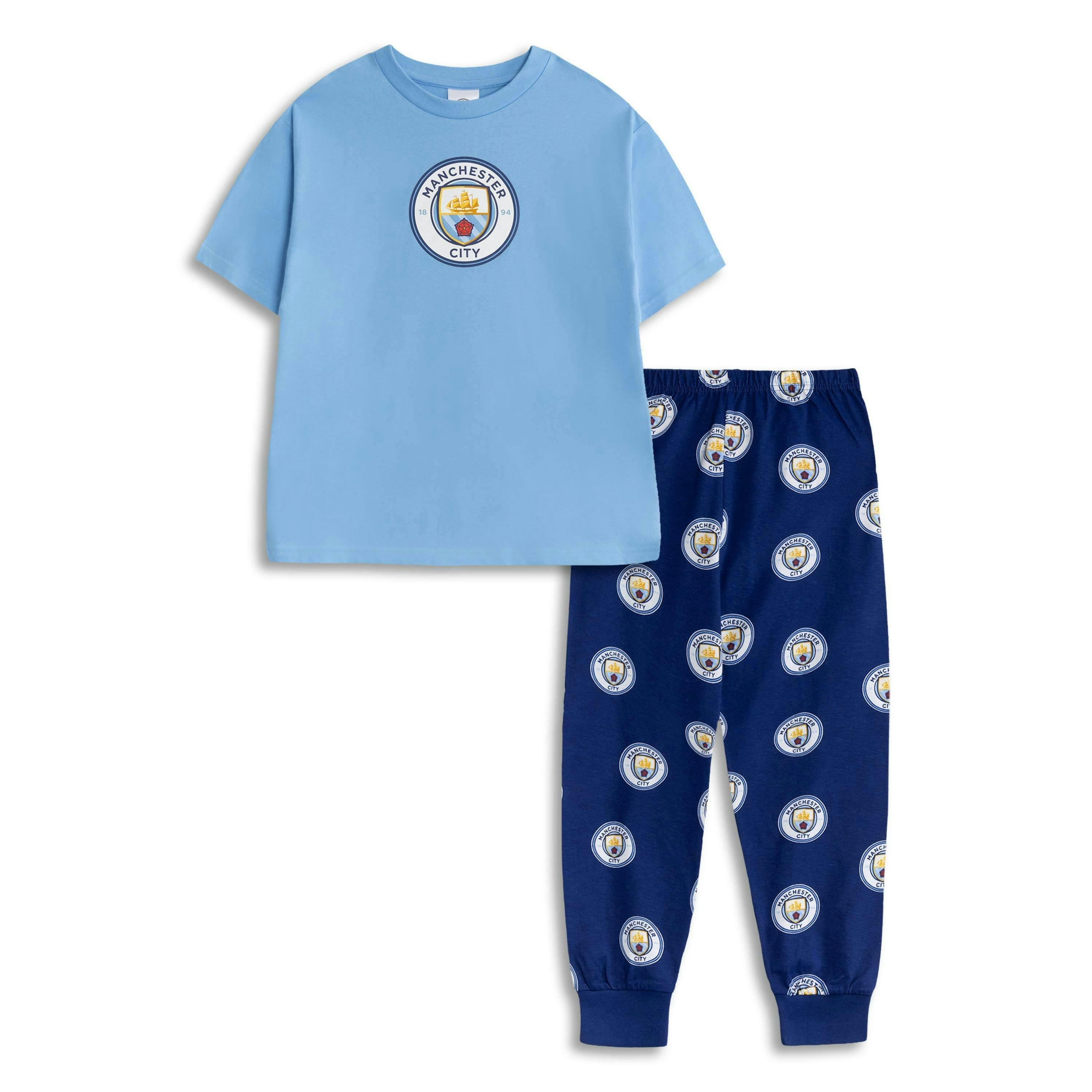 Manchester City Boys Multicoloured Logo Short Sleeve Long Leg Pyjama Set by Vanilla Underground , view 1 of 6