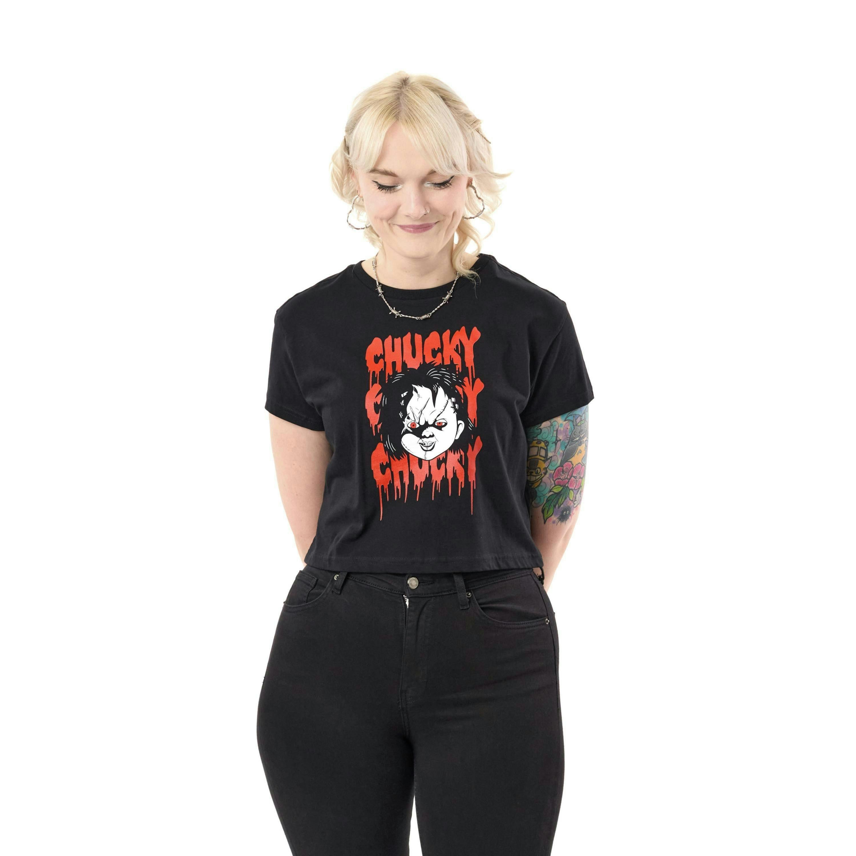 Chucky Womens Black Chucky Chucky Chucky Crop Cropped Short Sleeved T-Shirt by Vanilla Underground , view 1 of 4