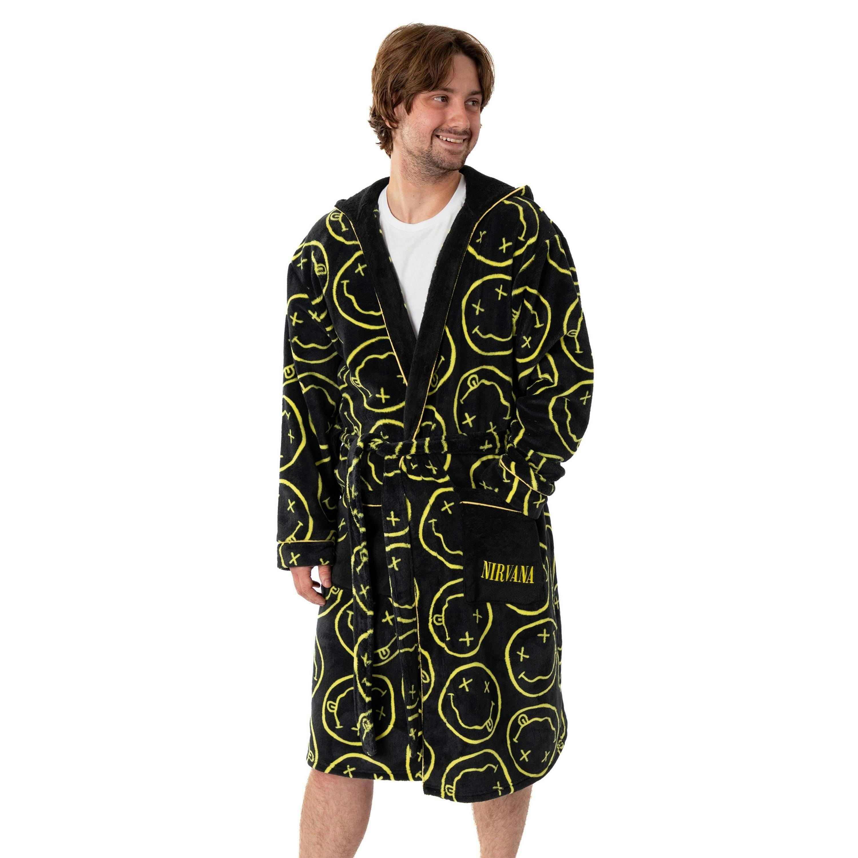 Nirvana Mens Black Logo Hooded Bathrobe by Vanilla Underground , view 1 of 6