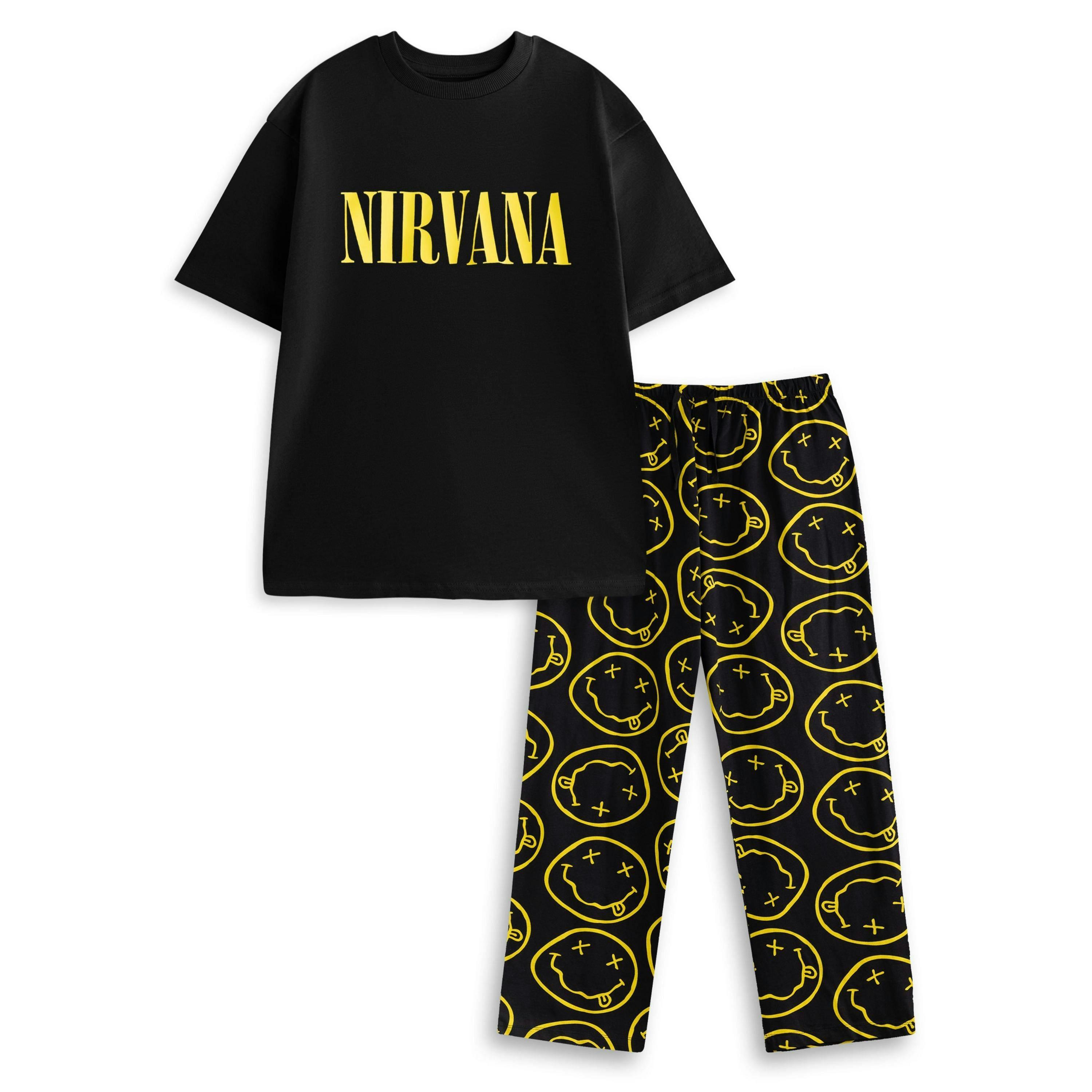 Nirvana Mens Black Logo Short Sleeve Long Leg Pyjama Set by Vanilla Underground , view 1 of 6