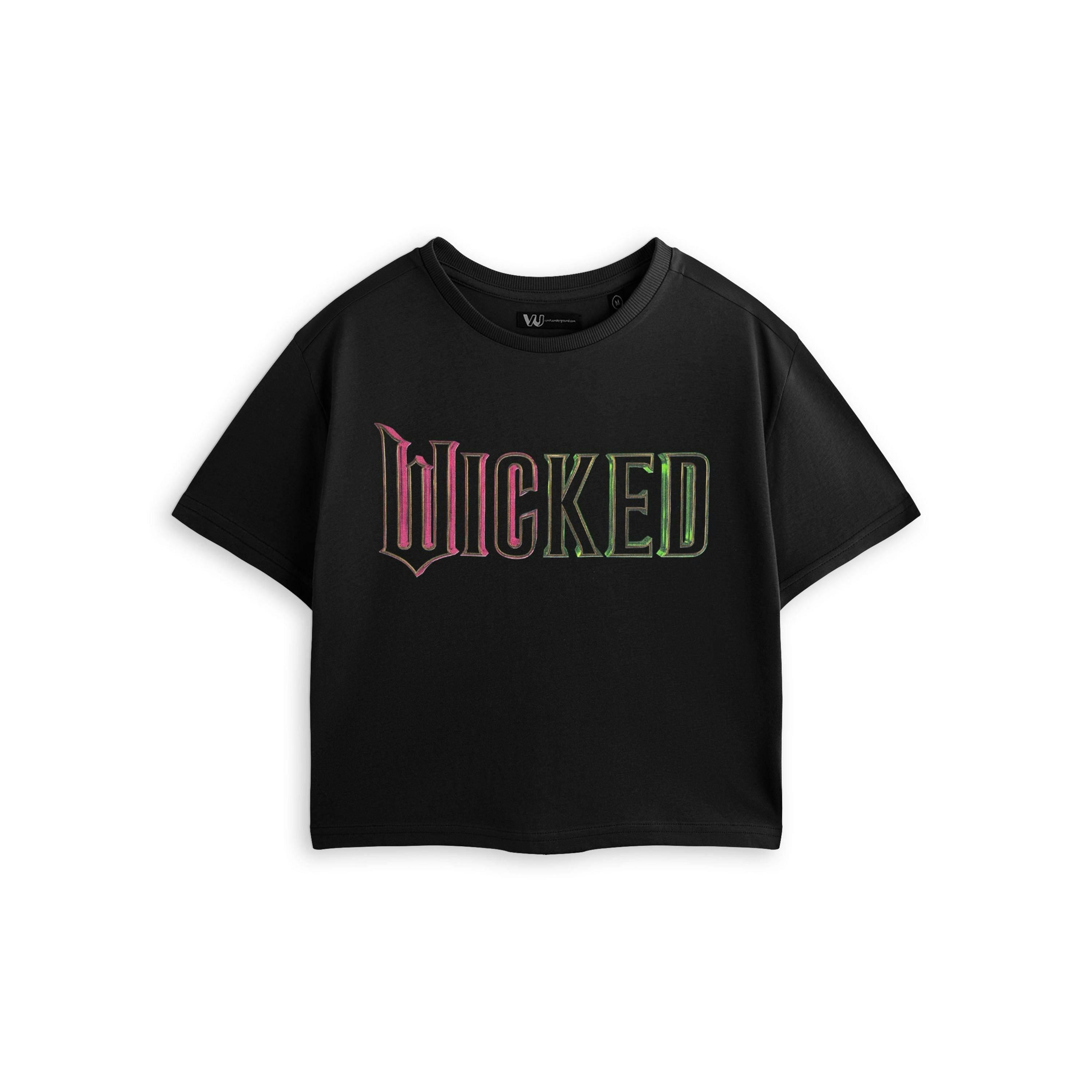 Wicked Womens Black Green Pink Logo Crop Cropped Short Sleeved T-Shirt by Vanilla Underground , view 1 of 3