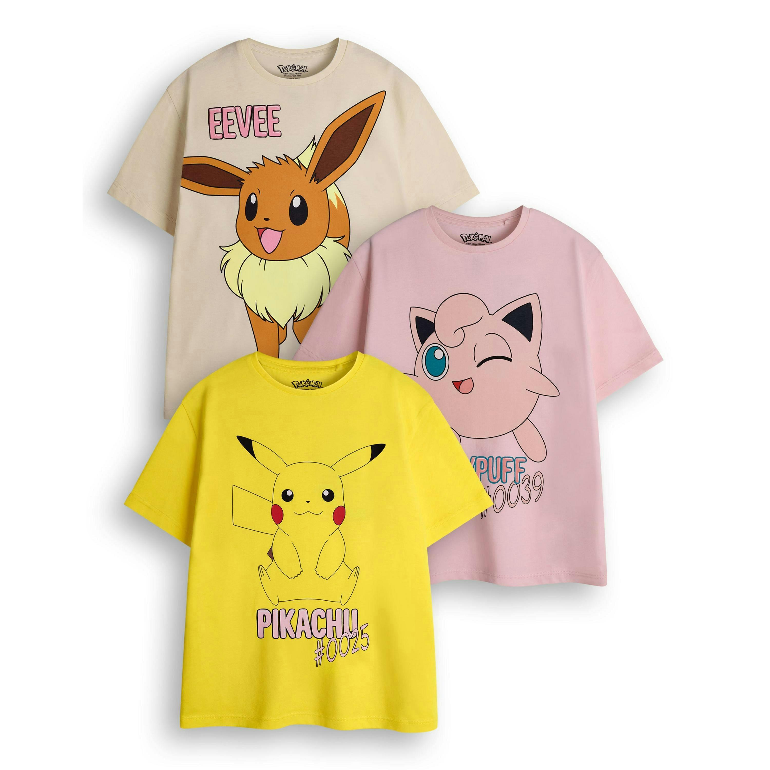 Pokemon Girls Multicoloured Pikachu, Eevee & Jigglypuff Multi-Pack of 3 Short-Sleeved T-Shirts by Vanilla Underground , view 1 of 6