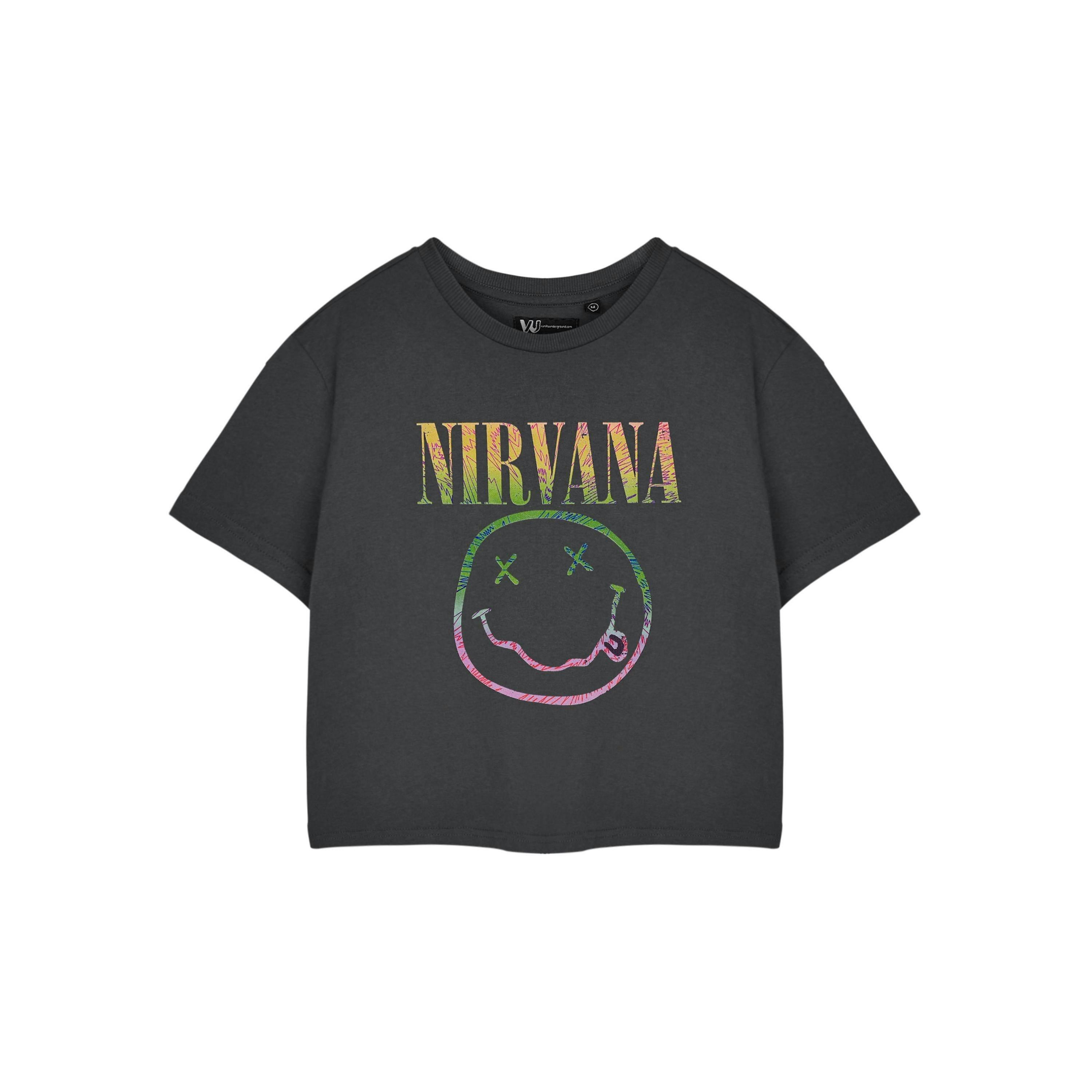 Nirvana Womens Grey Rainbow Logo Cropped Short Sleeved T-Shirt by Vanilla Underground , view 1 of 3