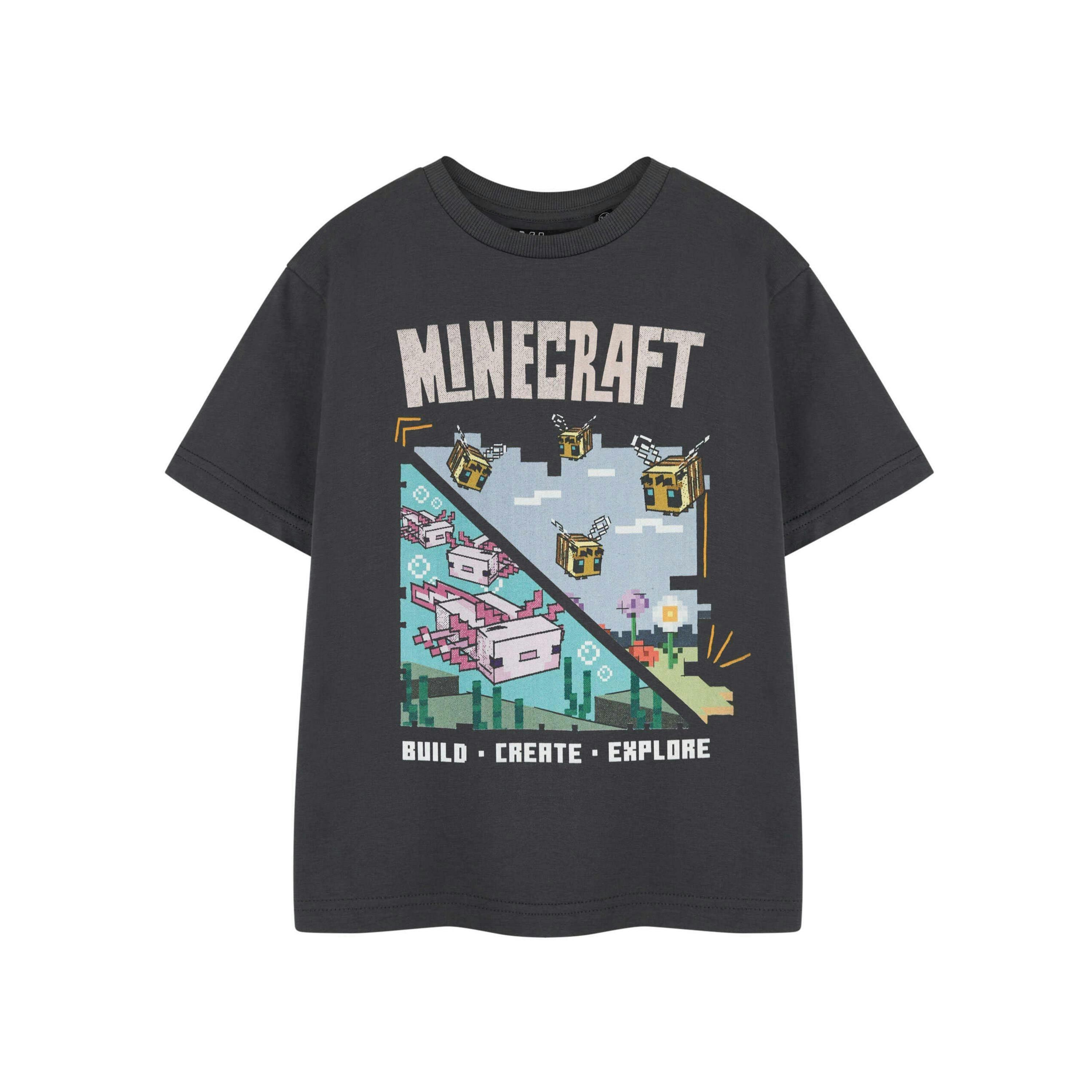 Minecraft Girls Grey Build Create Explore Short Sleeved T-Shirt by Vanilla Underground , view 1 of 4