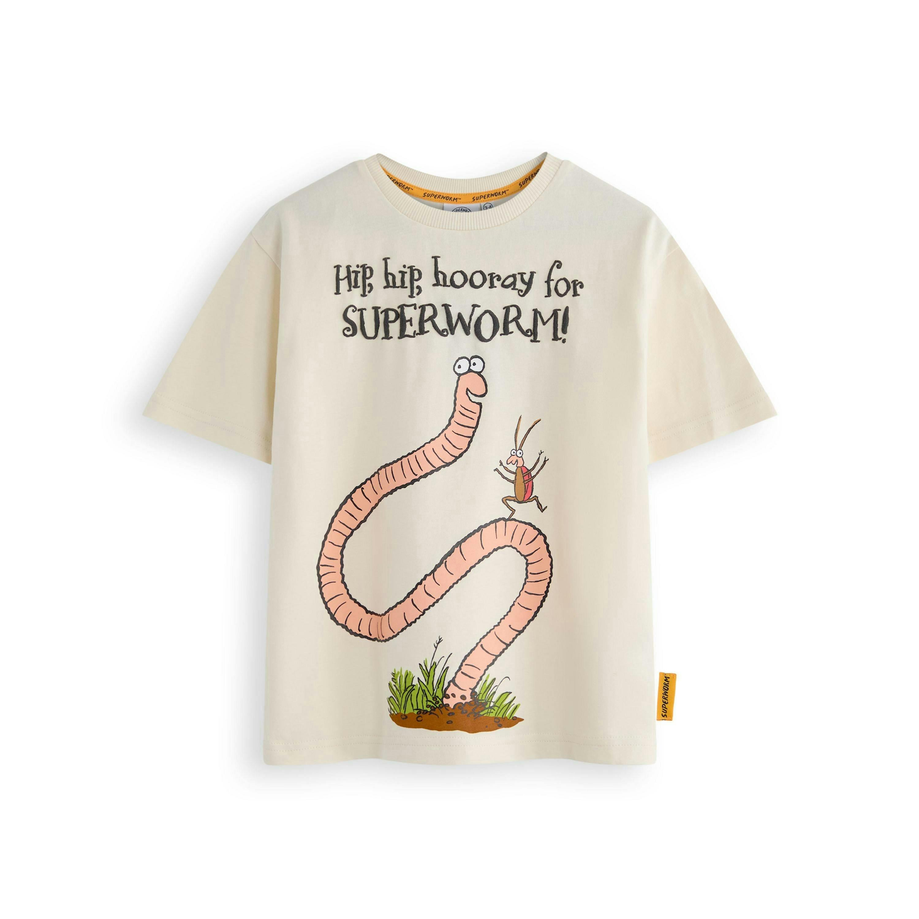 Gruffalo & Friends Superworm Unisex Kids Beige Hip Hip Hooray Short Sleeved T-Shirt by Vanilla Underground , view 1 of 5