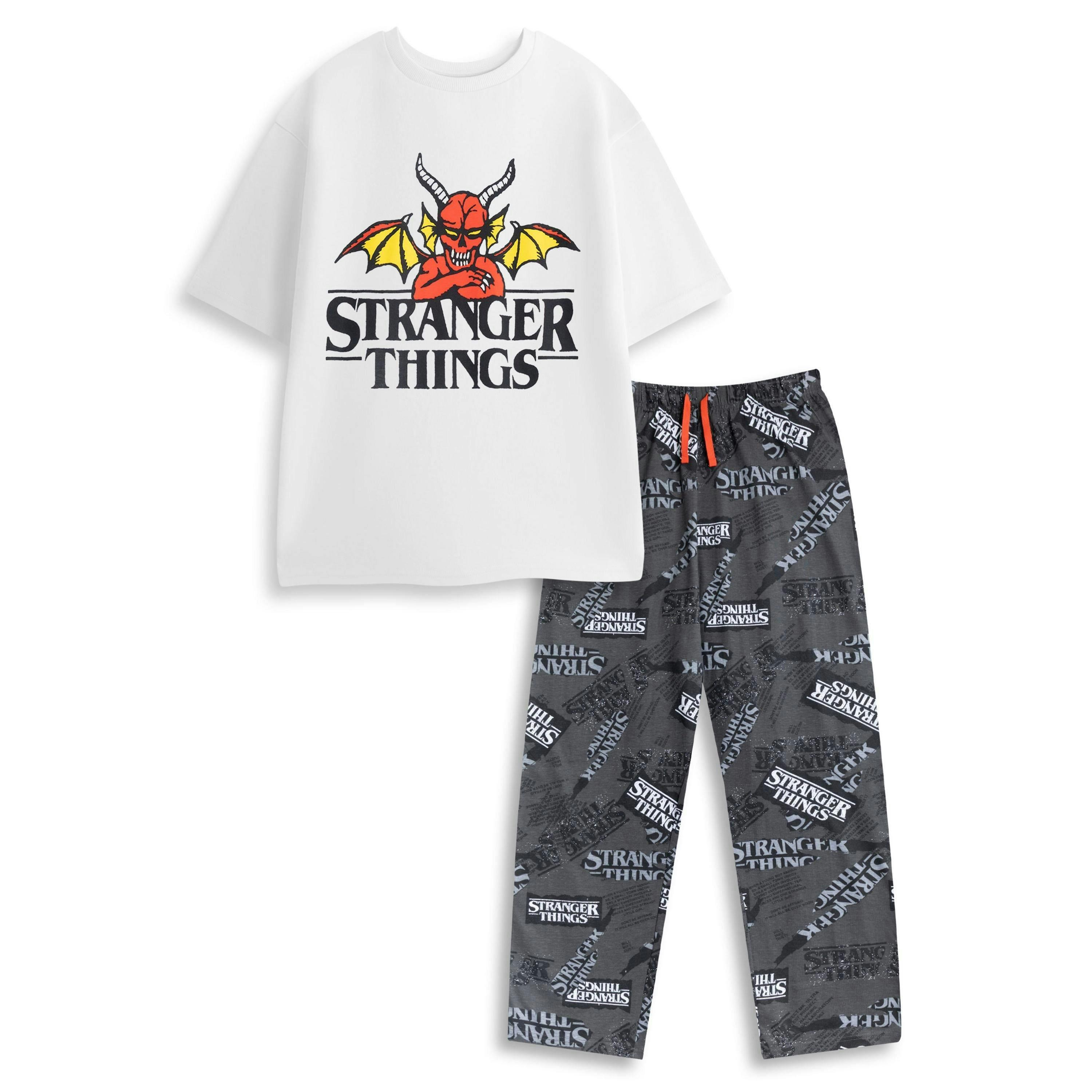 Stranger Things Mens White Logo Short Sleeve Long Leg Pyjama Set by Vanilla Underground , view 1 of 6