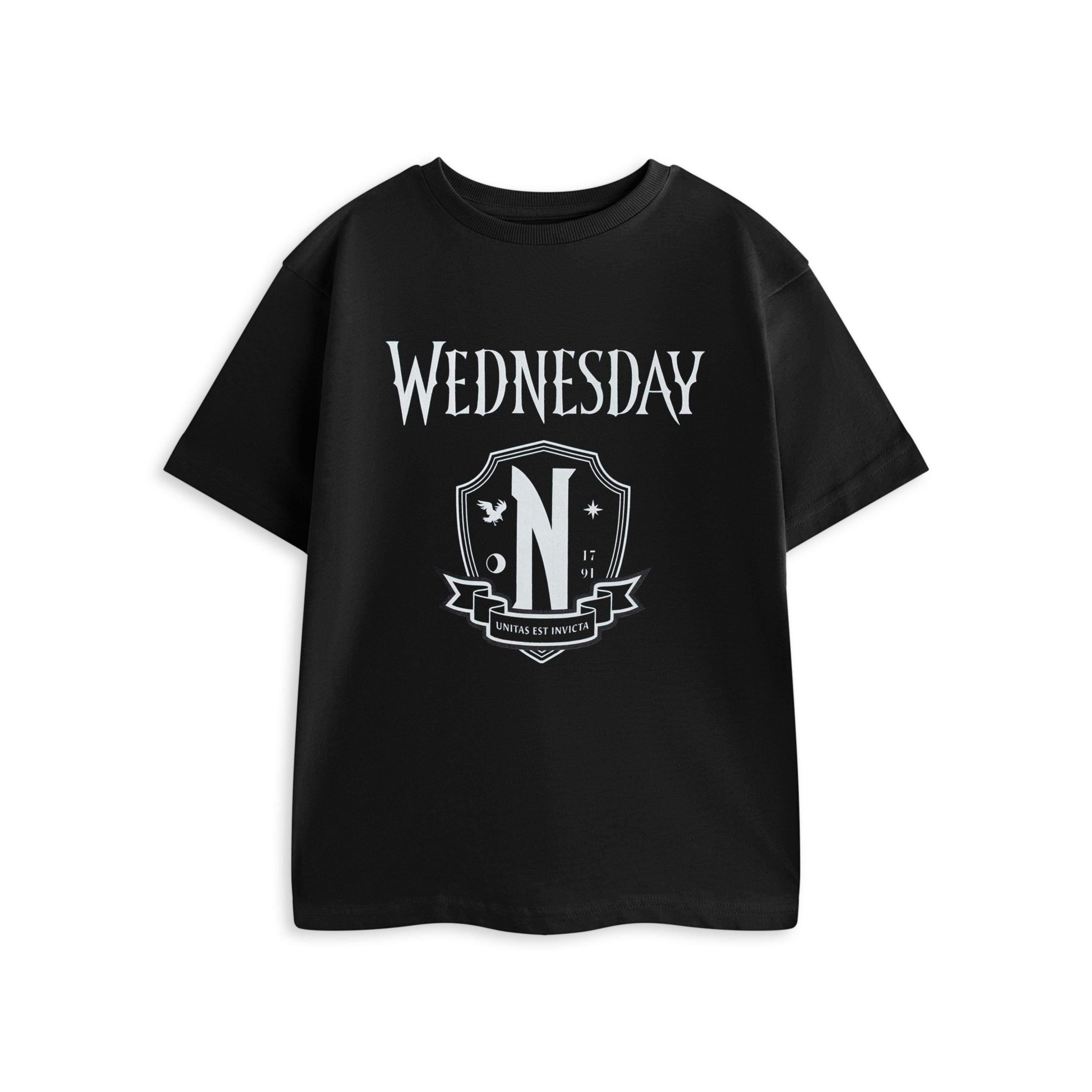 Wednesday Girls Black Unitas Est Invicta Short Sleeved T-Shirt by Vanilla Underground , view 1 of 4