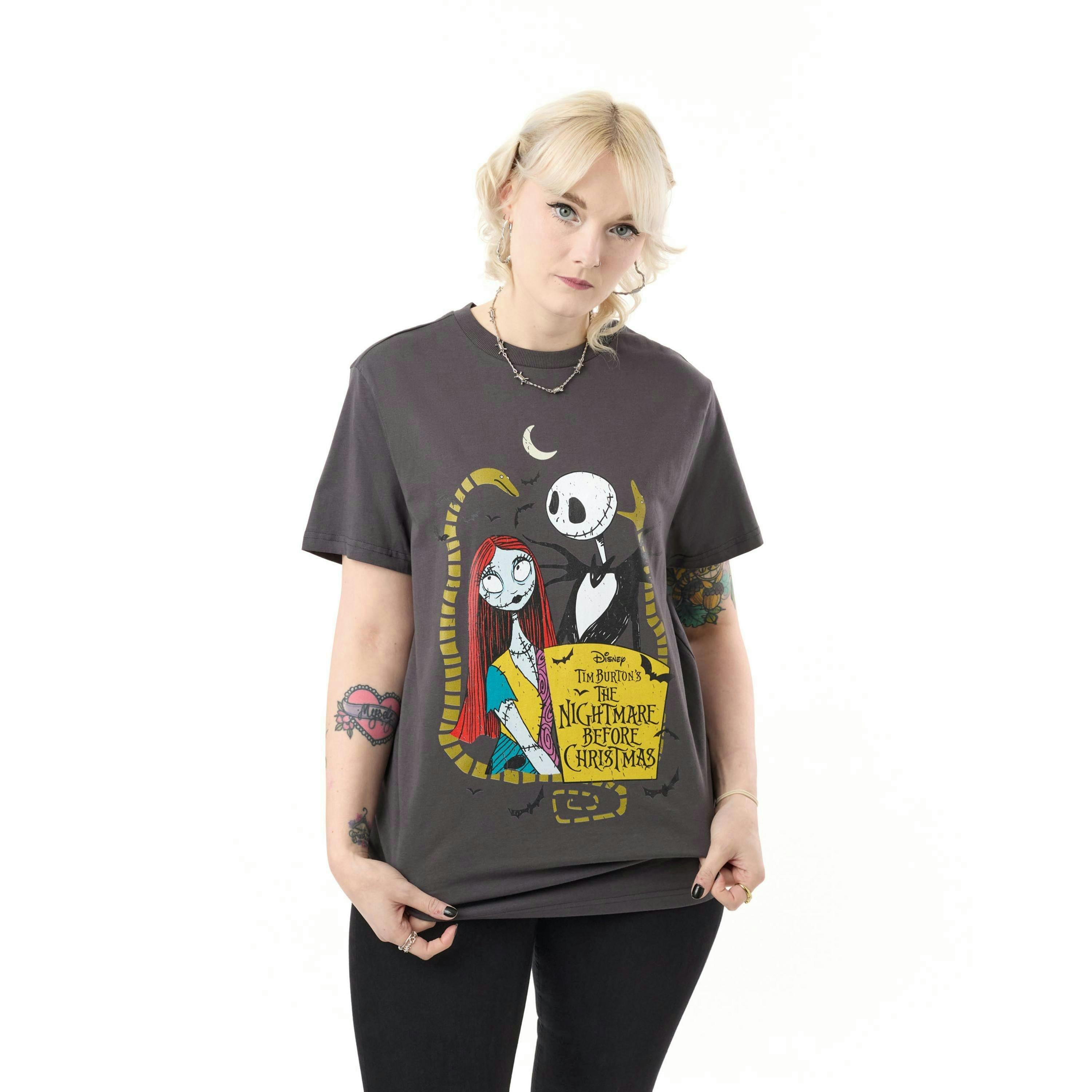 Disney The Nightmare Before Christmas Unisex Grey Jack and Sally Short Sleeved T-Shirt by Vanilla Underground , view 1 of 4