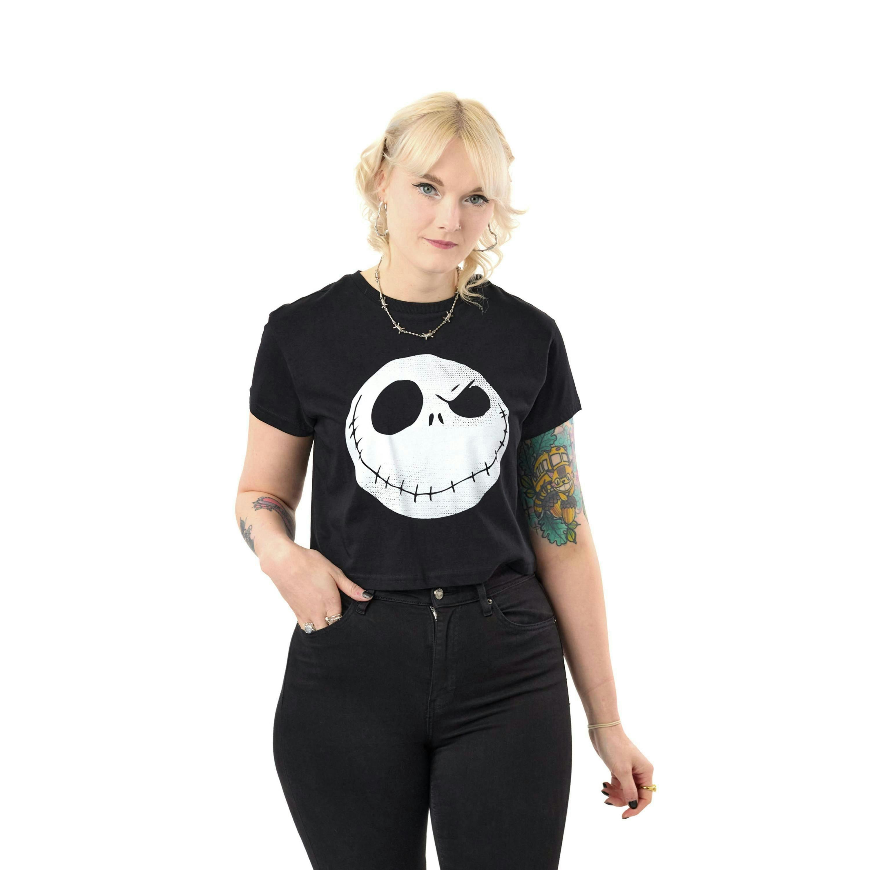 Disney The Nightmare Before Christmas Womens Black Jack Crop Top Cropped Short Sleeved T-Shirt by Vanilla Underground , view 1 of 4
