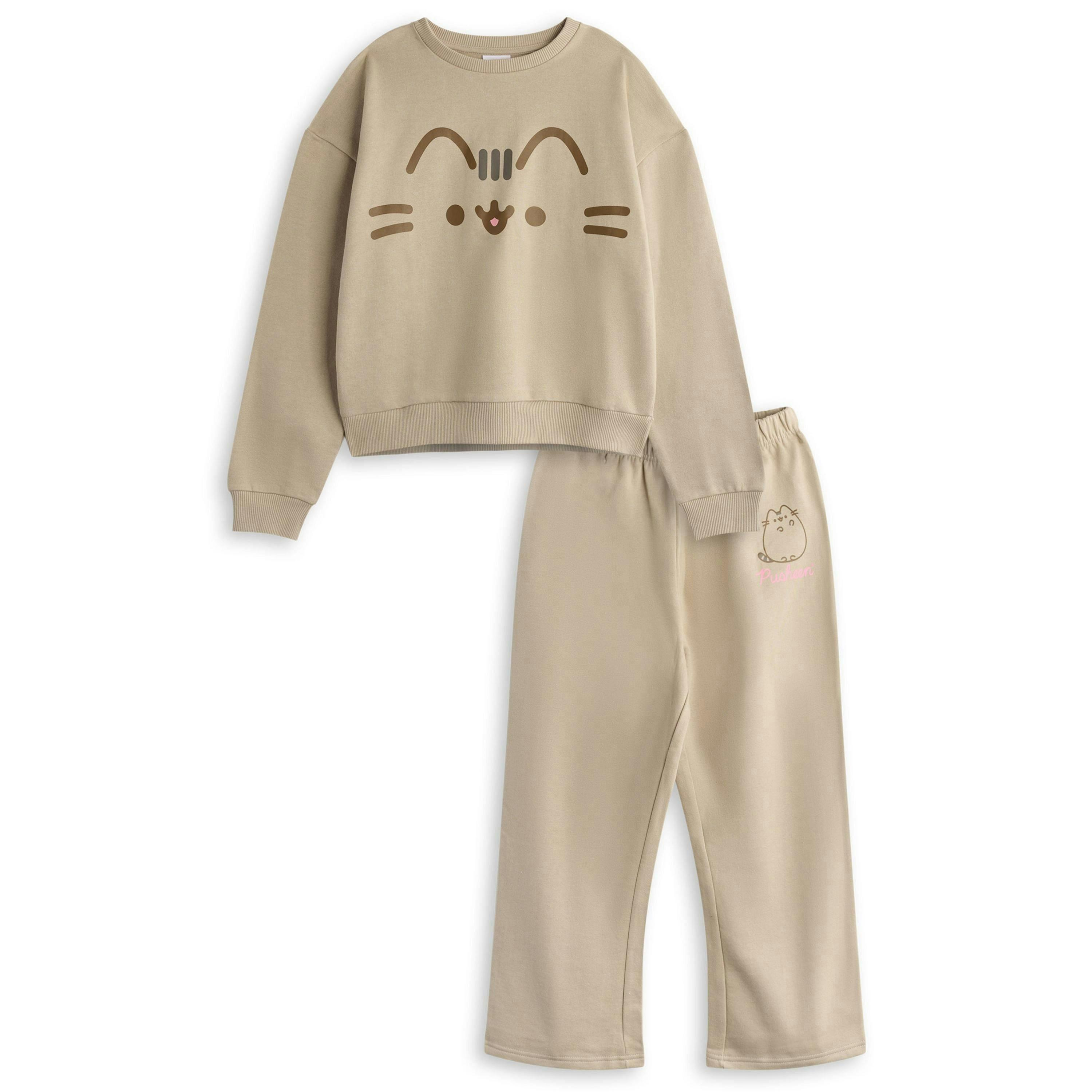 Pusheen Girls Beige Big Face Sweatshirt and Joggers Set by Vanilla Underground , view 1 of 6